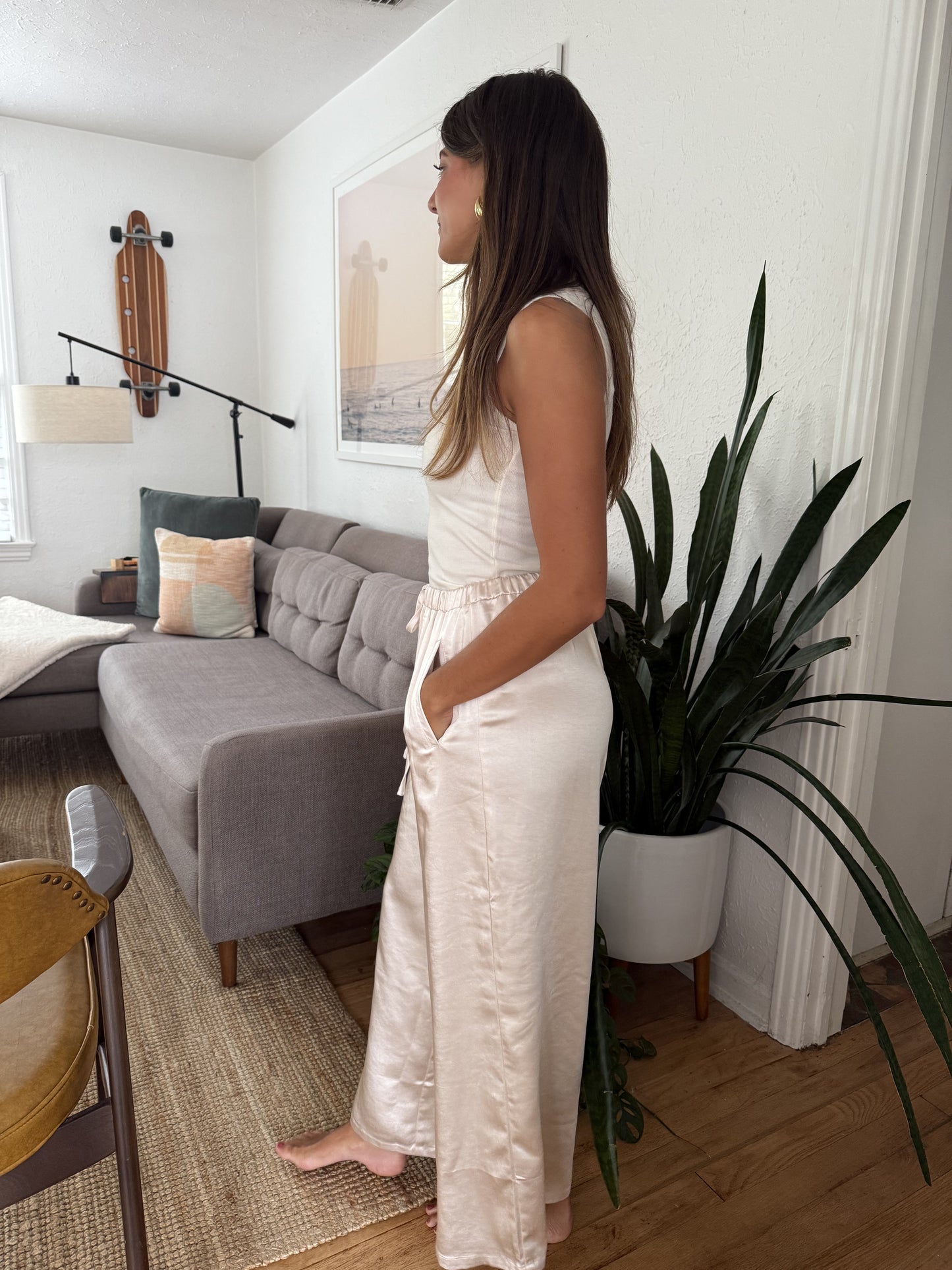 Gemma Satin Wide Leg Drawstring Pants (Cream)