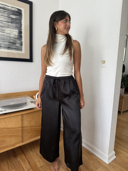 Gemma Satin Wide Leg Drawstring Pants (Black)