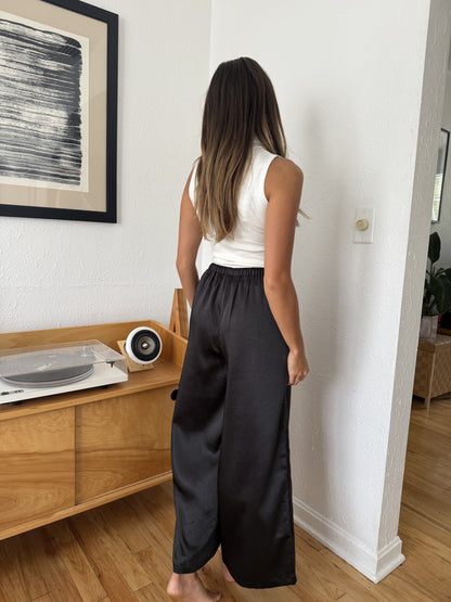 Gemma Satin Wide Leg Drawstring Pants (Black)