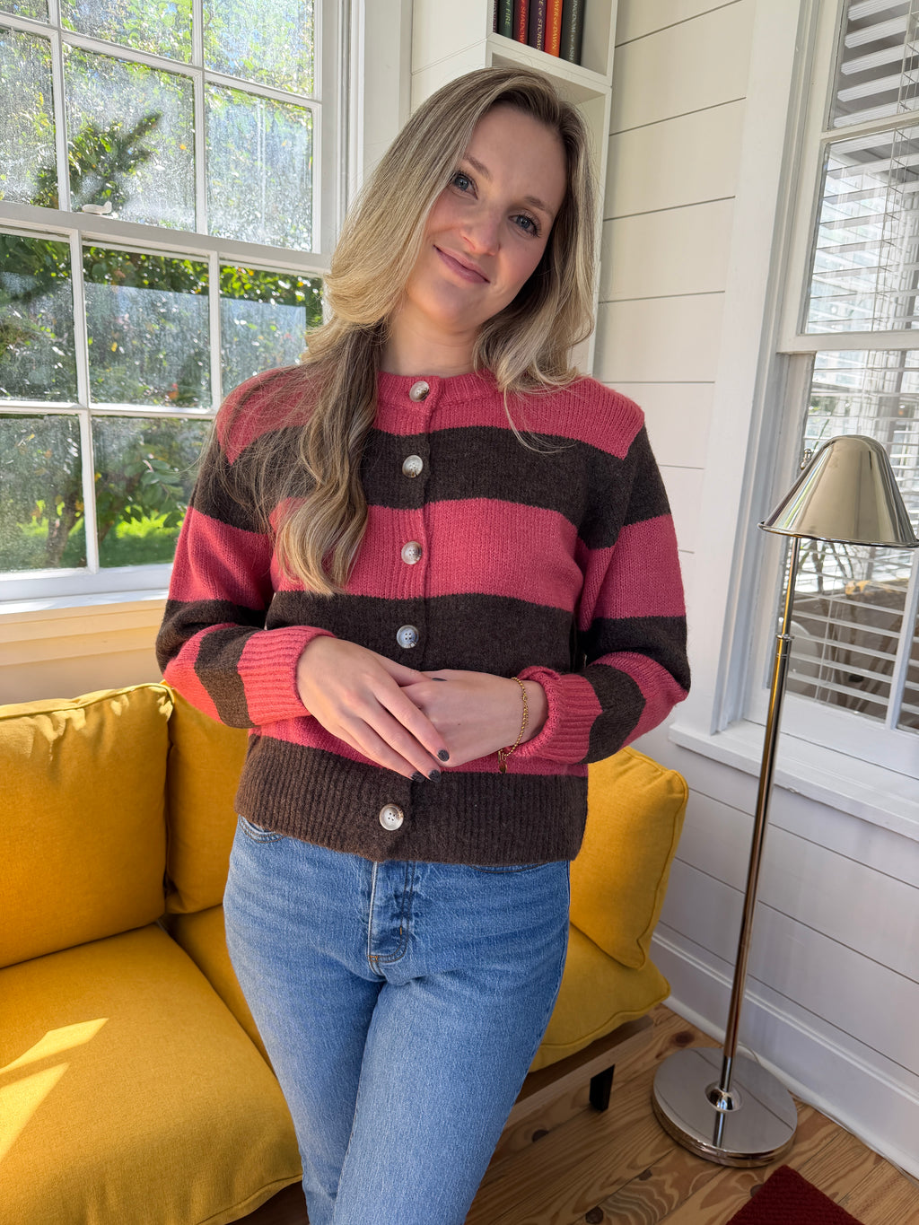 FRNCH Valencia Pink and Brown Stripe Buttoned Cardigan