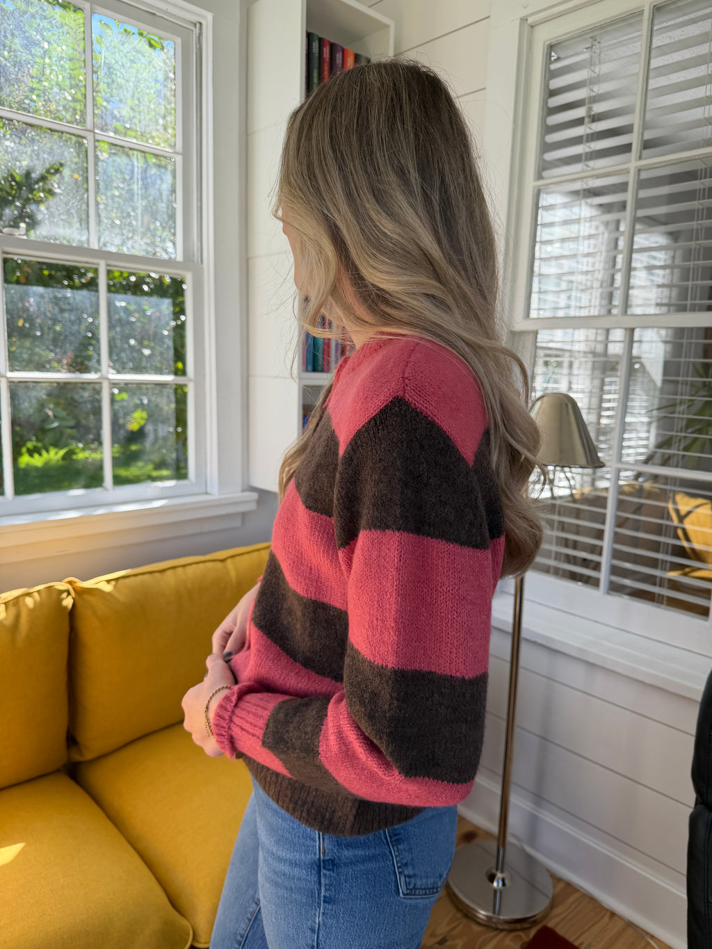 FRNCH Valencia Pink and Brown Stripe Buttoned Cardigan