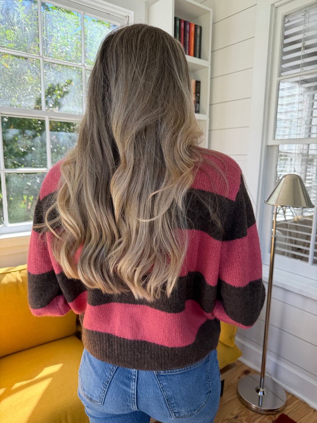 FRNCH Valencia Pink and Brown Stripe Buttoned Cardigan