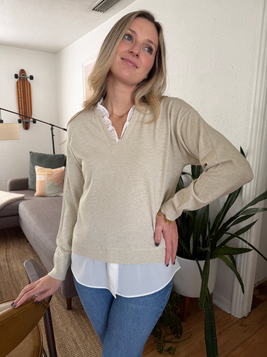 PINCH Dori Cream Knit Woven Combo Long Sleeve Top
