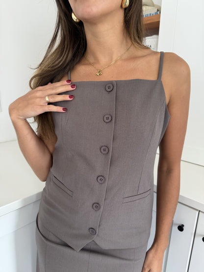 Genevieve Grey Buttoned Sleeveless Vest Top