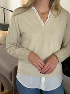 PINCH Dori Cream Knit Woven Combo Long Sleeve Top