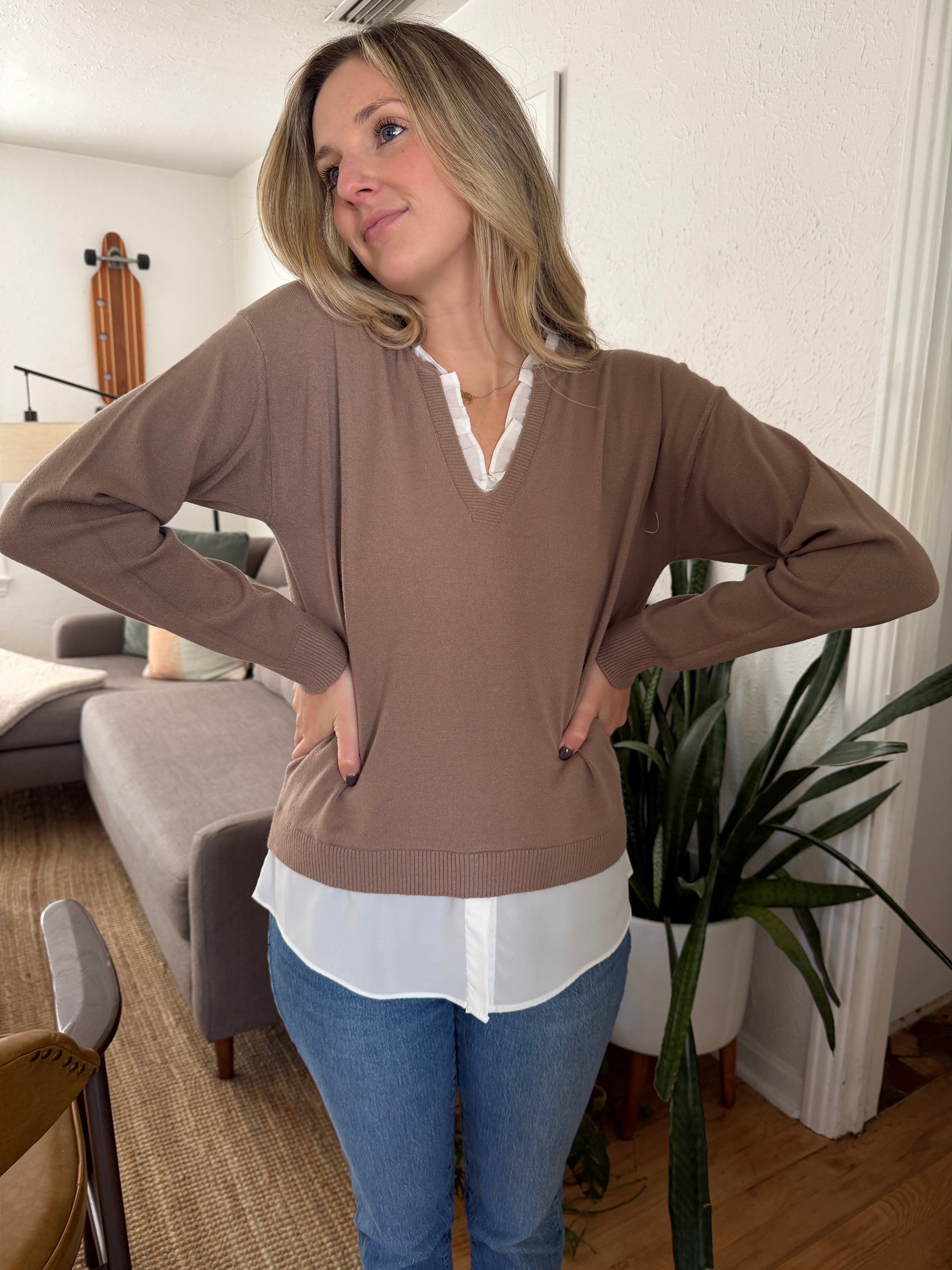 PINCH Dori Mocha Knit Woven Combo Long Sleeve Top