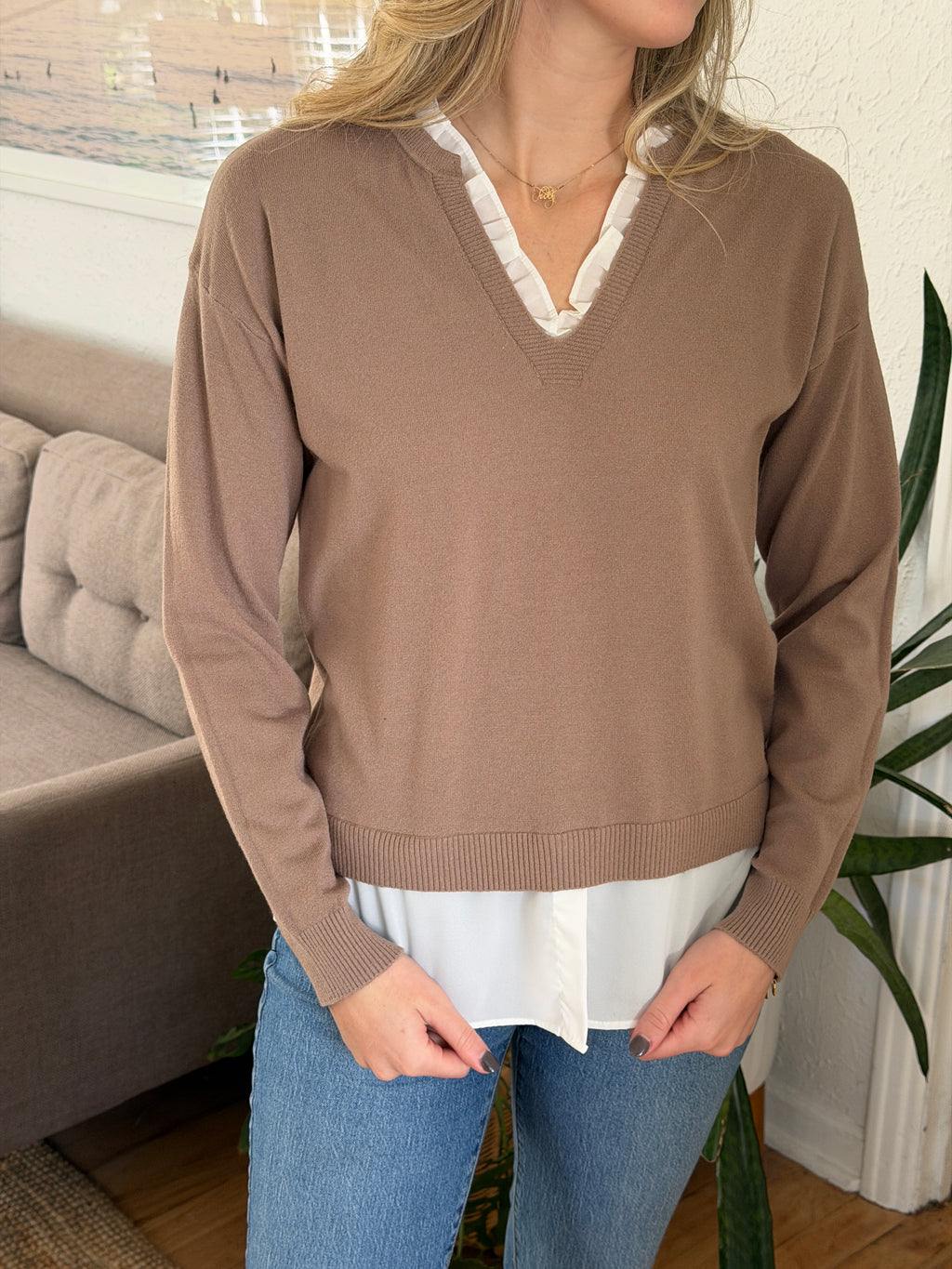 PINCH Dori Mocha Knit Woven Combo Long Sleeve Top