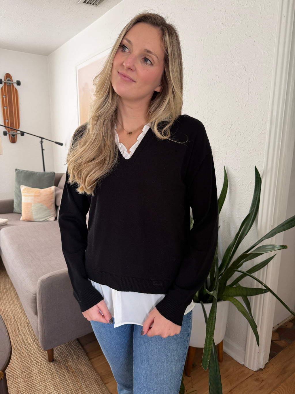 PINCH Dori Black Knit Woven Combo Long Sleeve Top