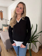 PINCH Dori Black Knit Woven Combo Long Sleeve Top