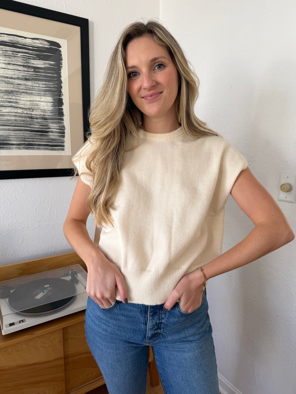 Miou Muse Victoria Short Sleeve Soft Knit Top (Cream)