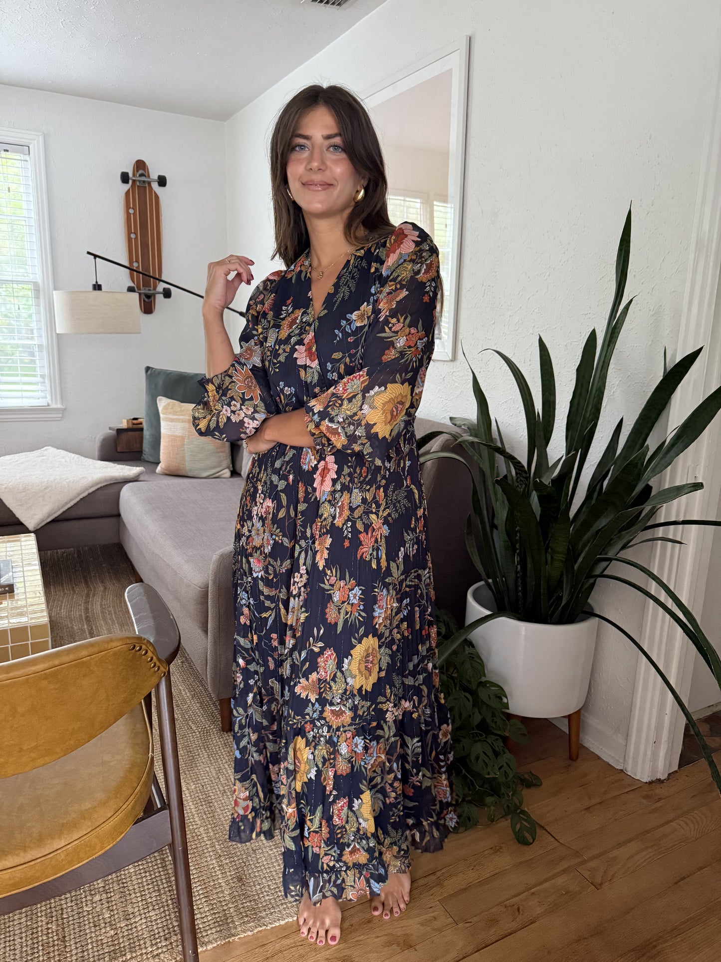 Current Air Midnight Floral Surplus Long Sleeve Midi Dress