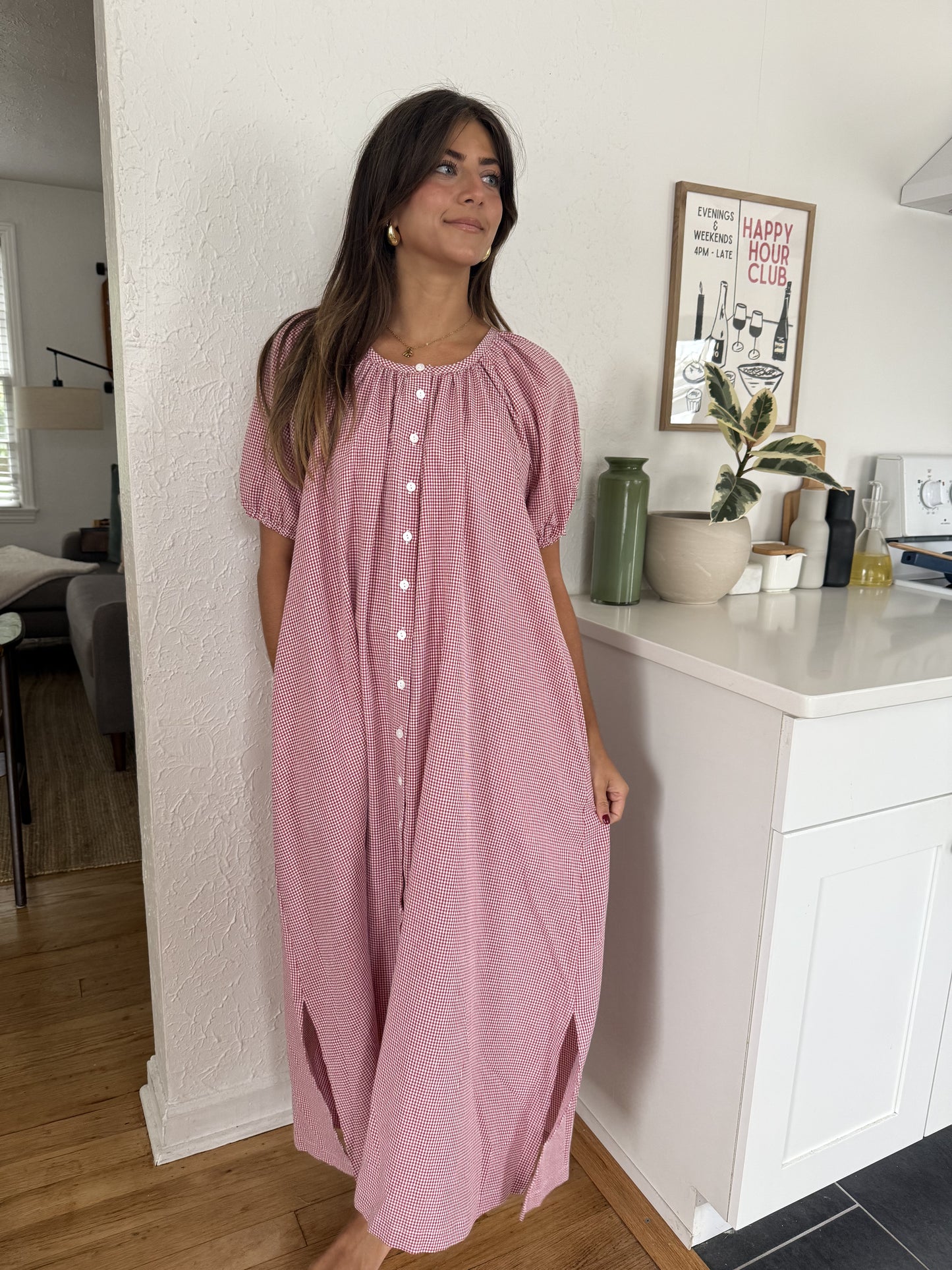 Things Between Gracie Red Gingham Puff Sleeve Maxi Dress