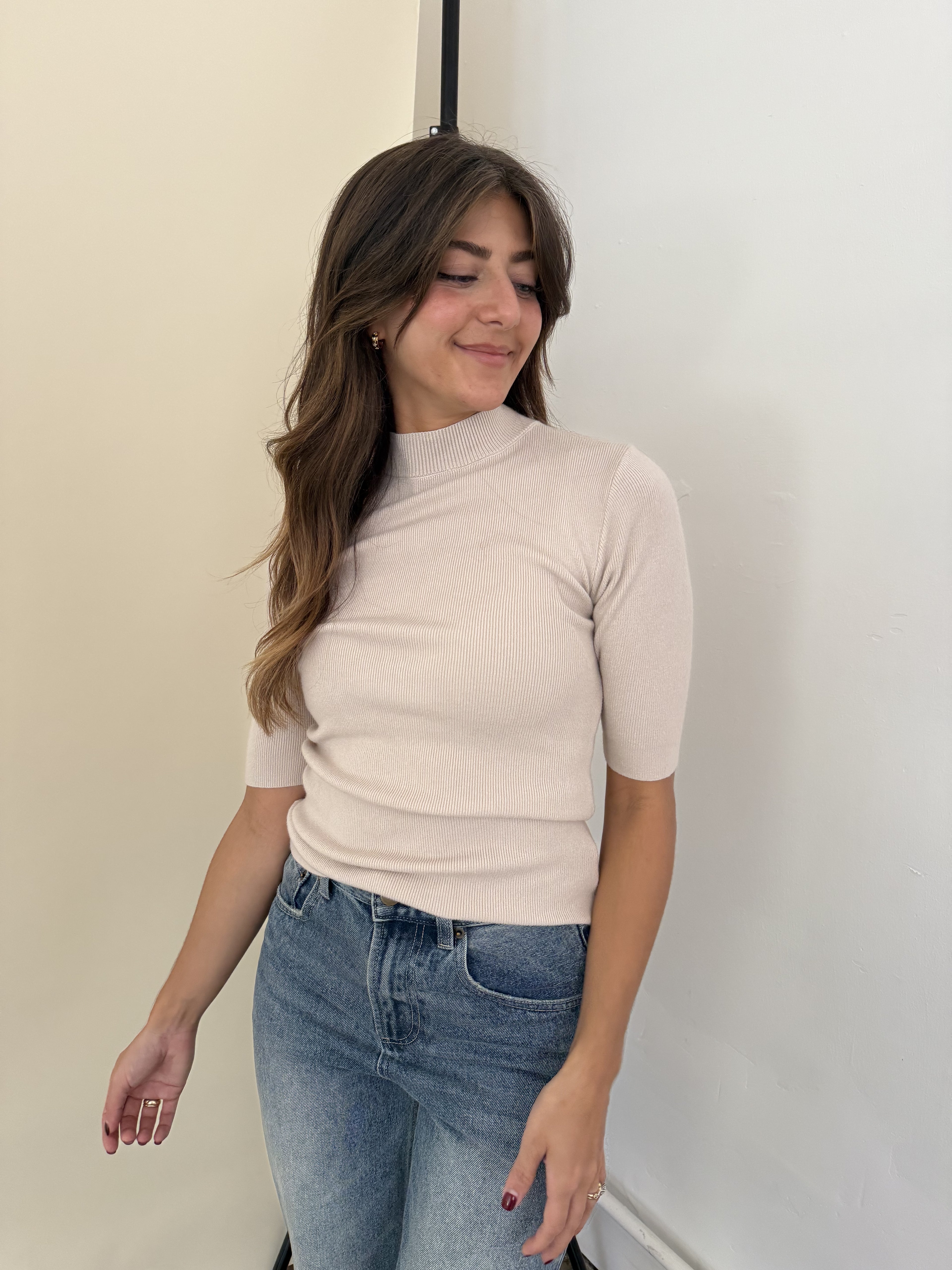 Molly Bracken Iman Beige Ribbed Knit Top