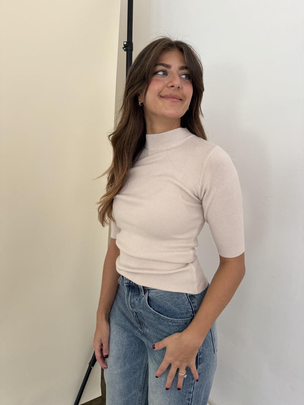 Molly Bracken Iman Beige Ribbed Knit Top