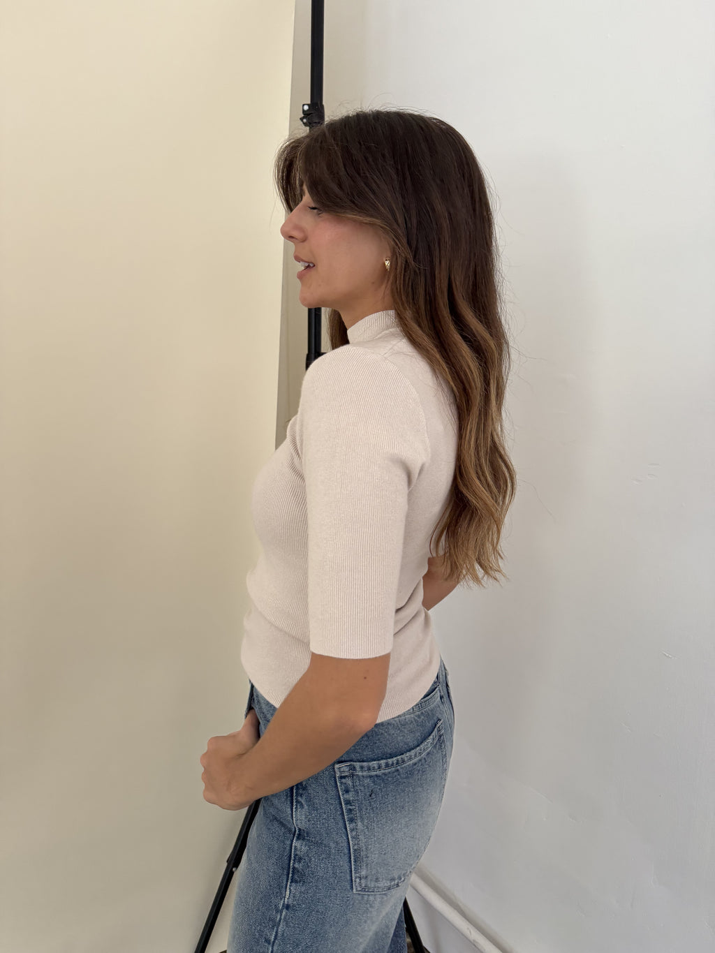 Molly Bracken Iman Beige Ribbed Knit Top