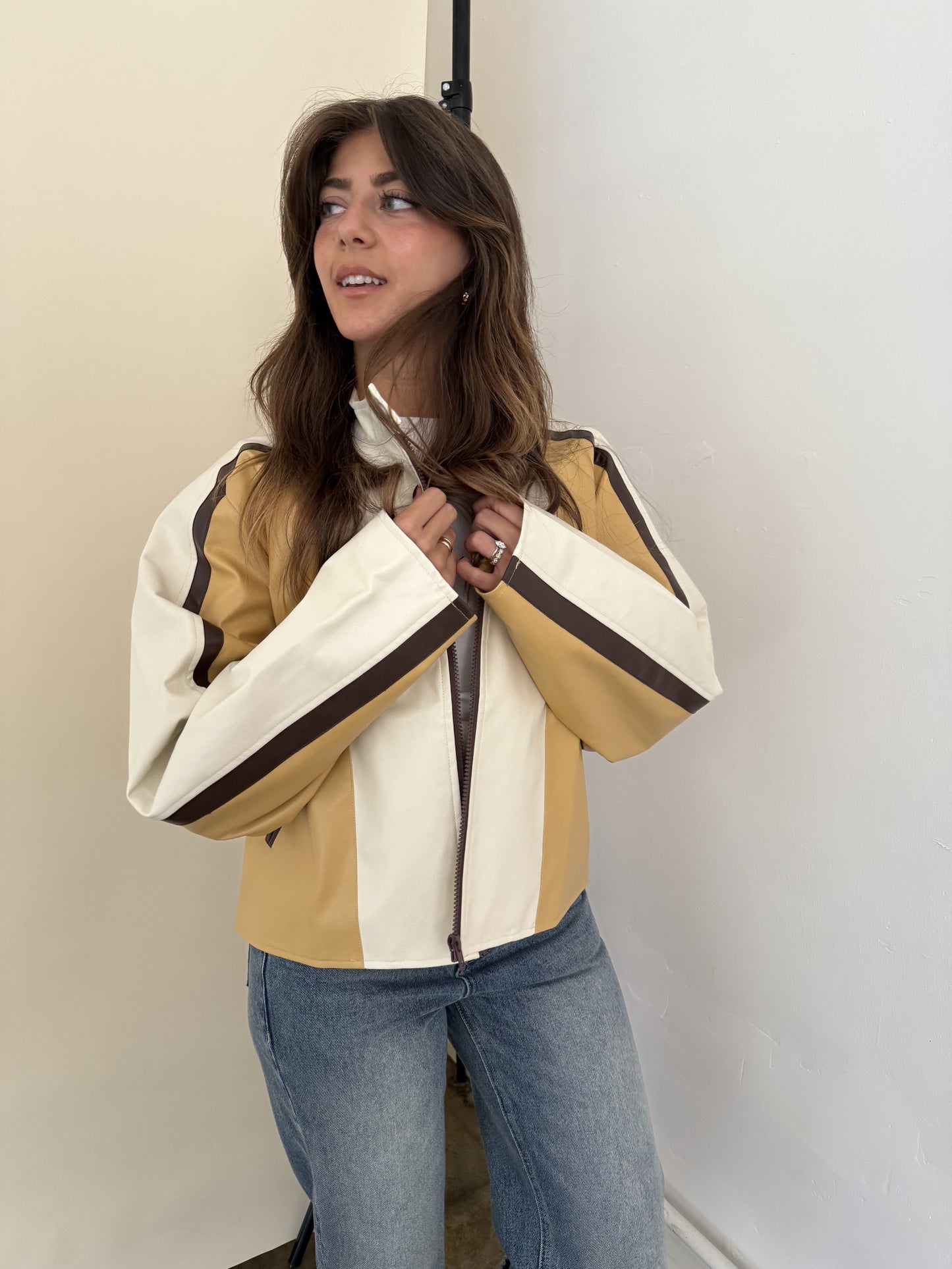 Needii Ivy Mustard Faux Leather Biker Jacket