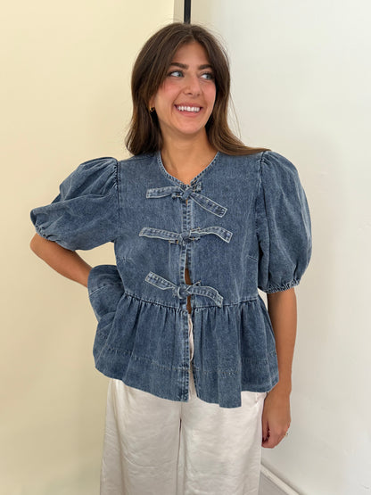Sofie the Label Cara Medium Wash Denim Poplin Tie Top