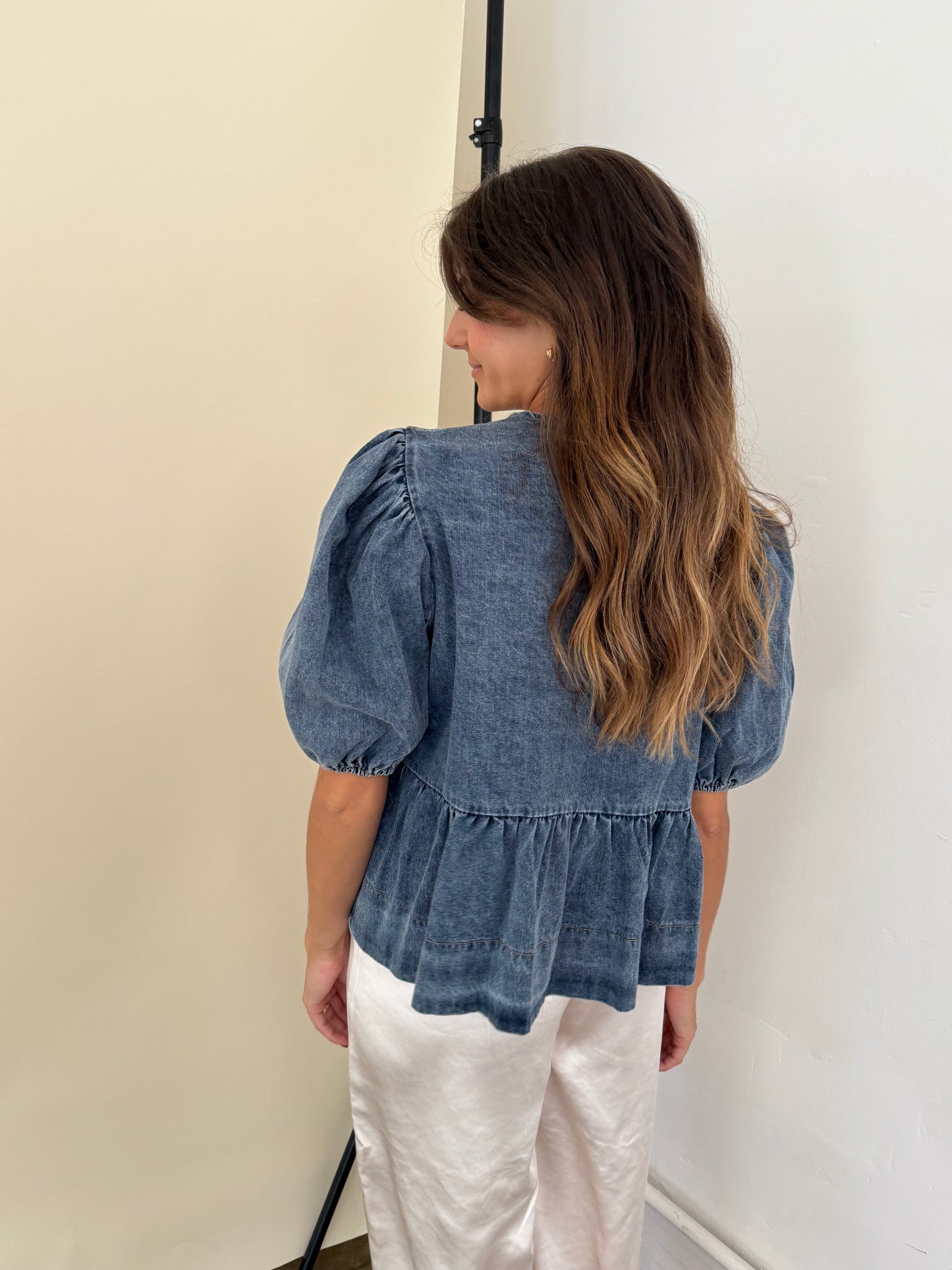 Sofie the Label Cara Medium Wash Denim Poplin Tie Top