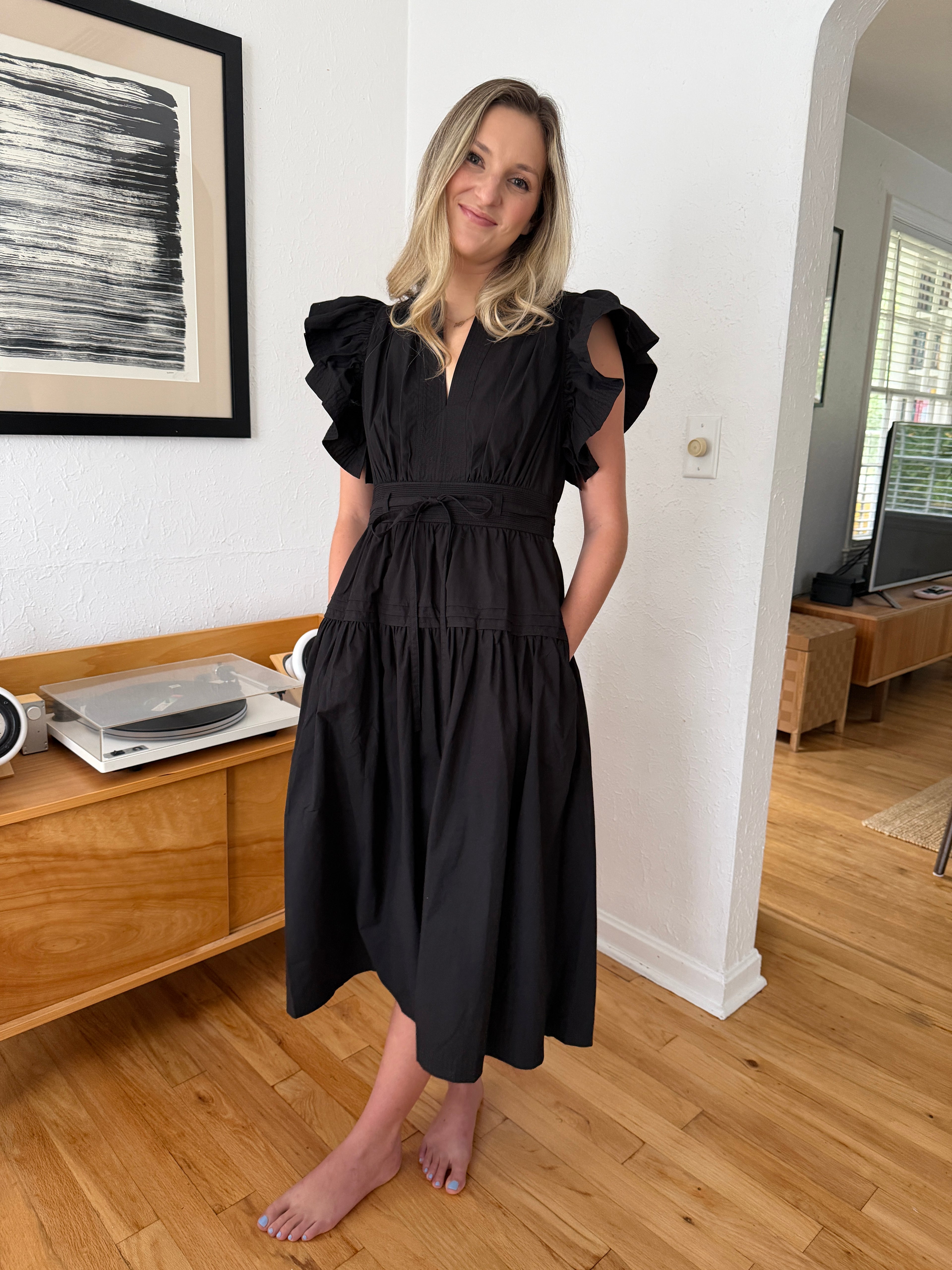 Juliette Black Flutter Sleeve Belted Tiered Midi Dress
