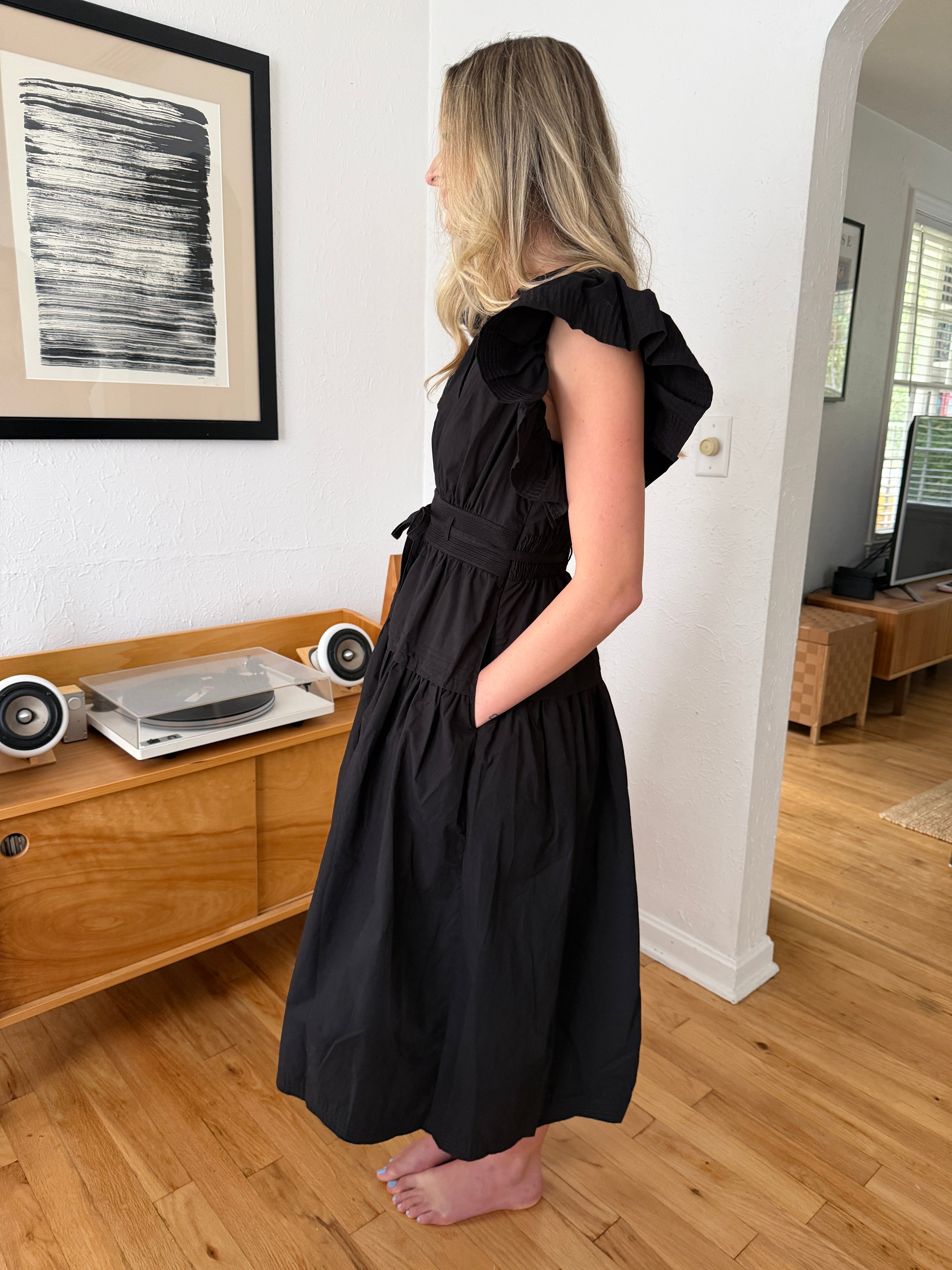 Juliette Black Flutter Sleeve Belted Tiered Midi Dress