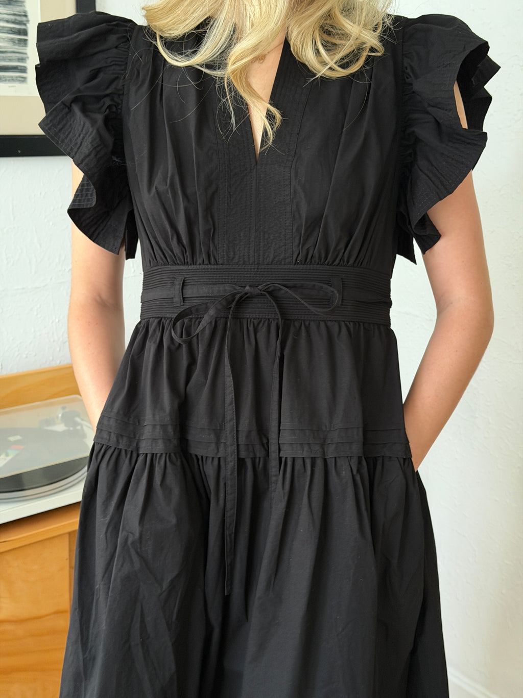 Juliette Black Flutter Sleeve Belted Tiered Midi Dress