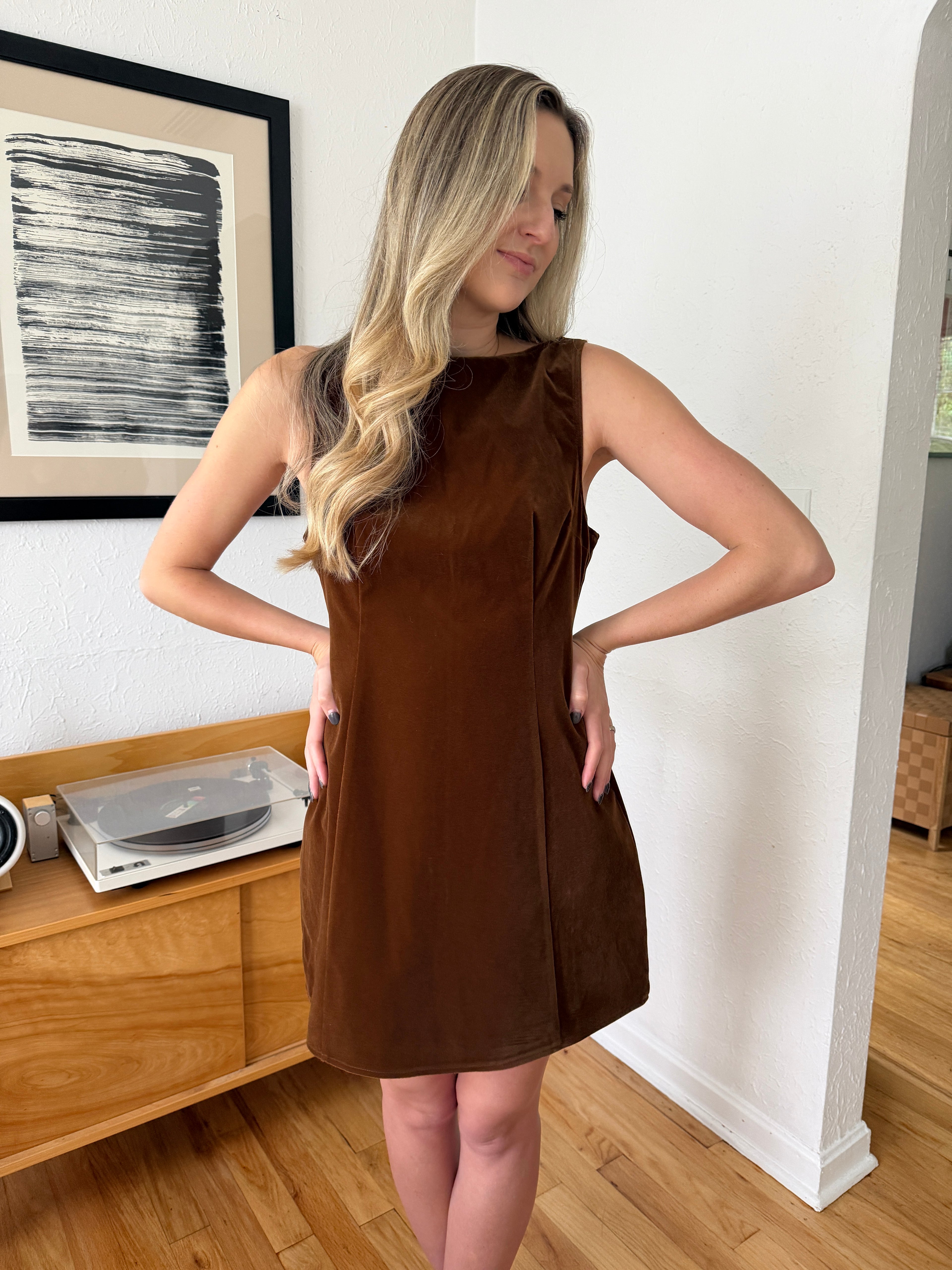 Sofie the Label Kiara Velvet High Neck Mini Dress (Brown)