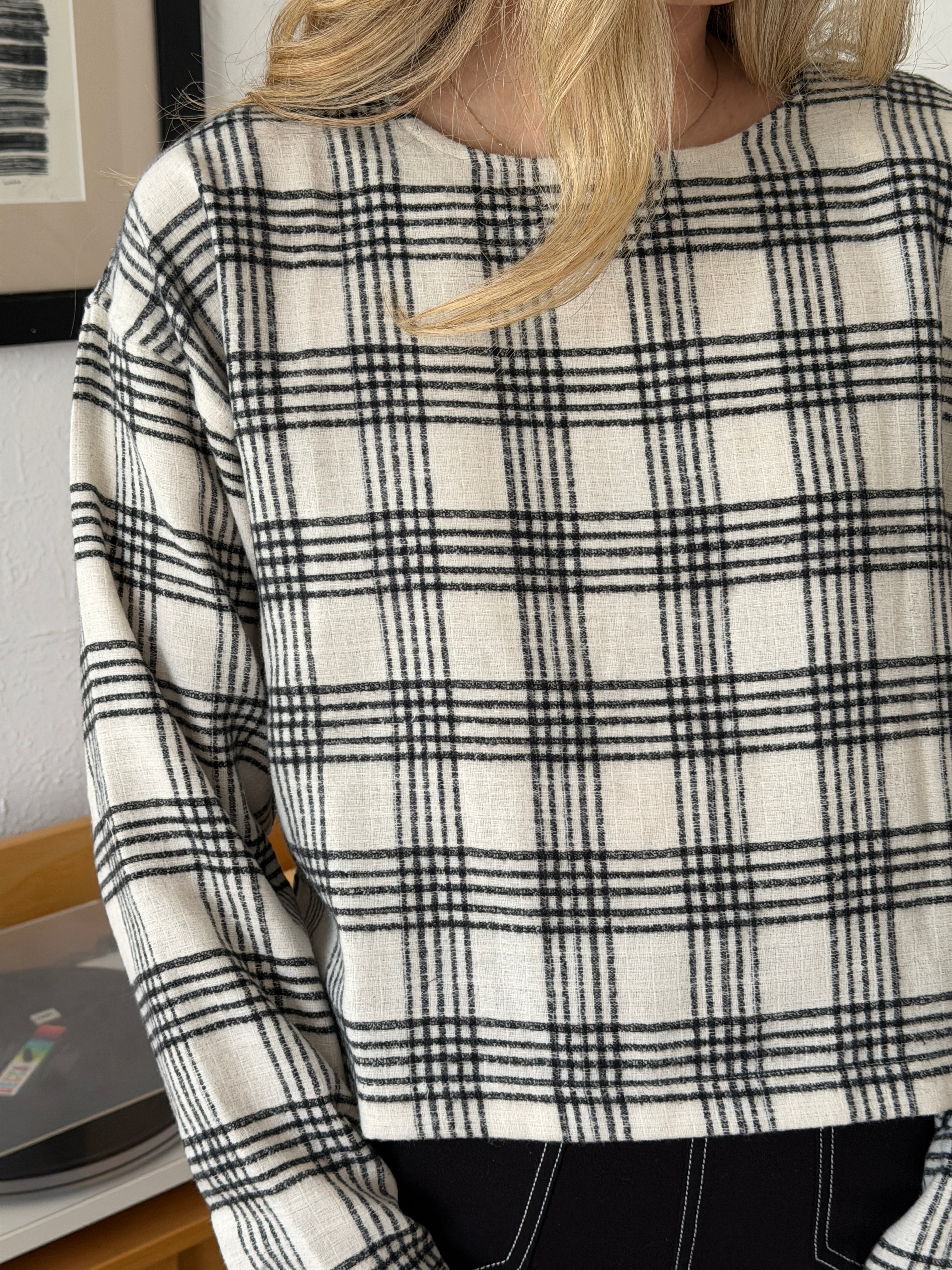 Elle Grey Zuri Black and White Plaid Long Sleeve Top