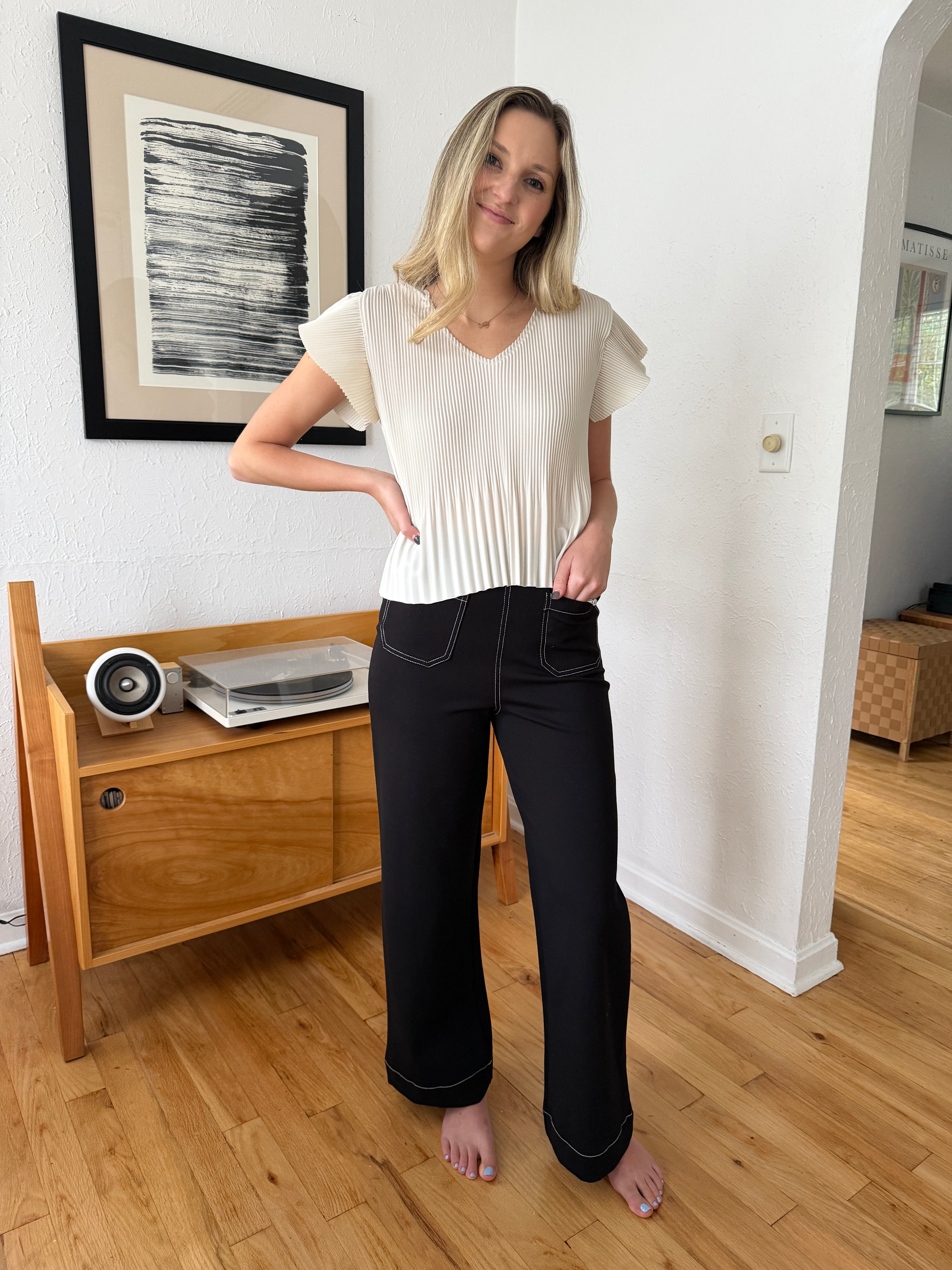 Yasmine Black Contrast Stitch Wide Leg Pants