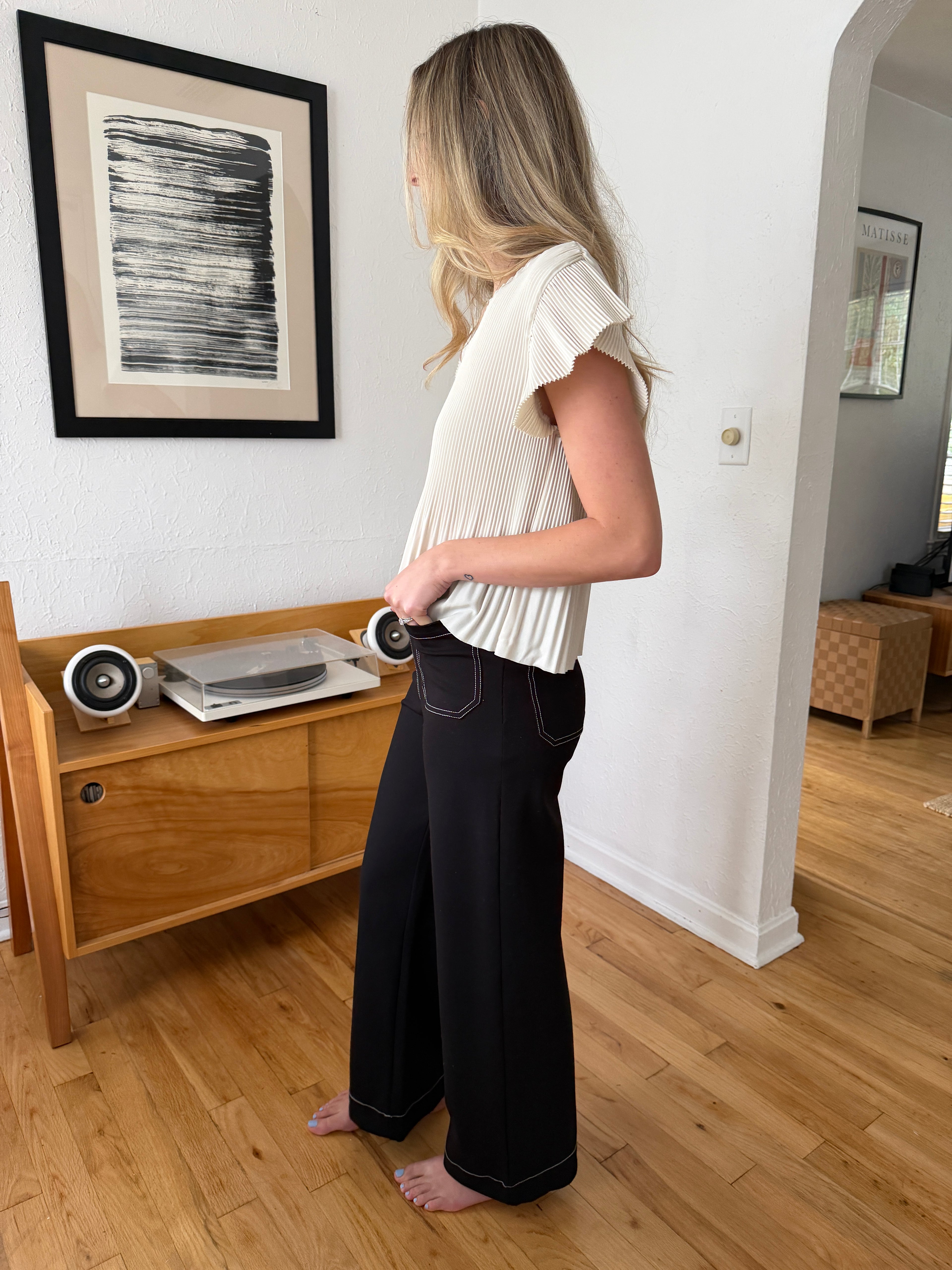 Yasmine Black Contrast Stitch Wide Leg Pants