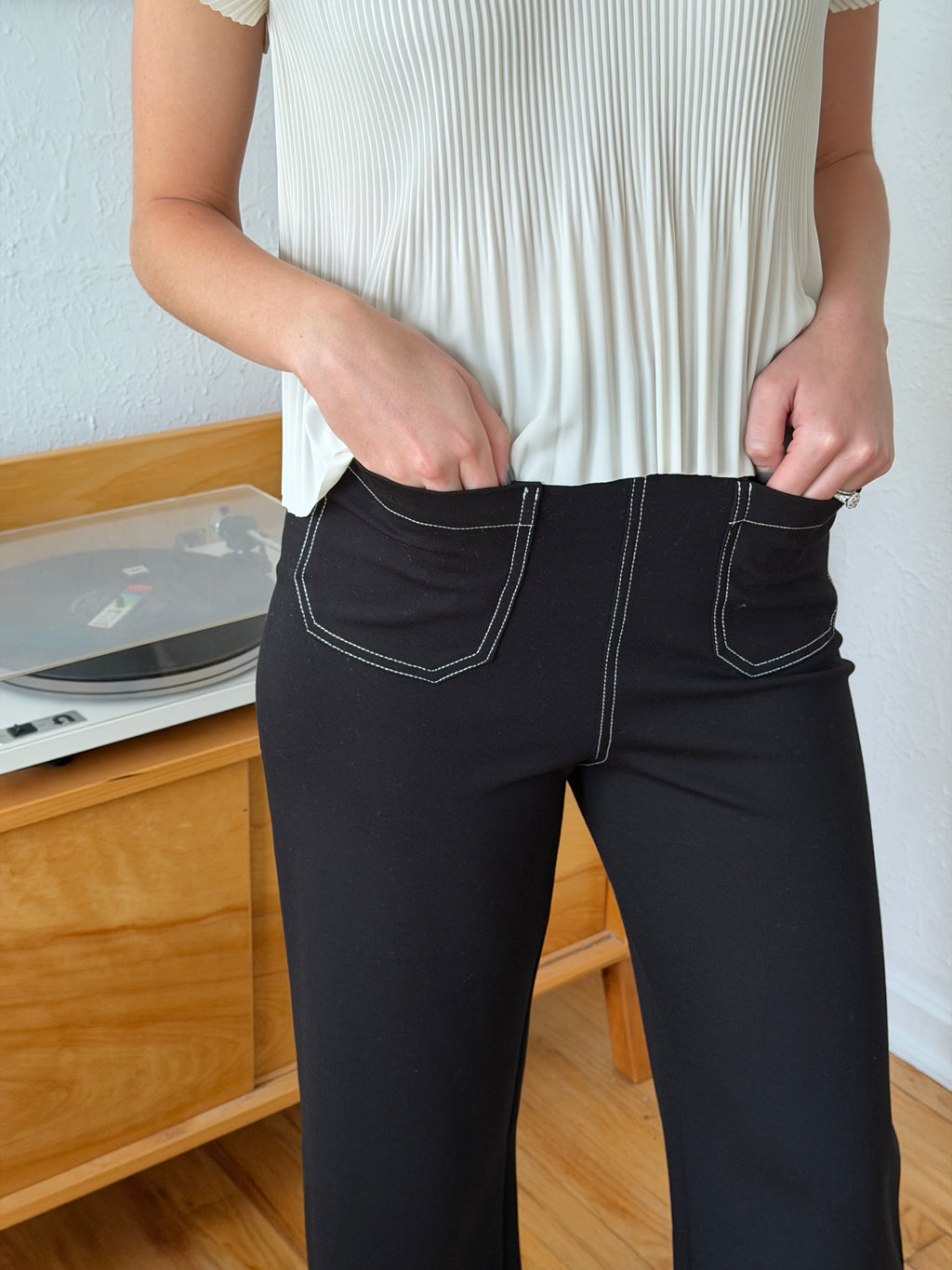 Yasmine Black Contrast Stitch Wide Leg Pants