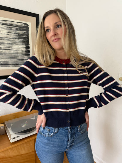 Elle Grey Zara Navy Striped Button Cardigan Sweater