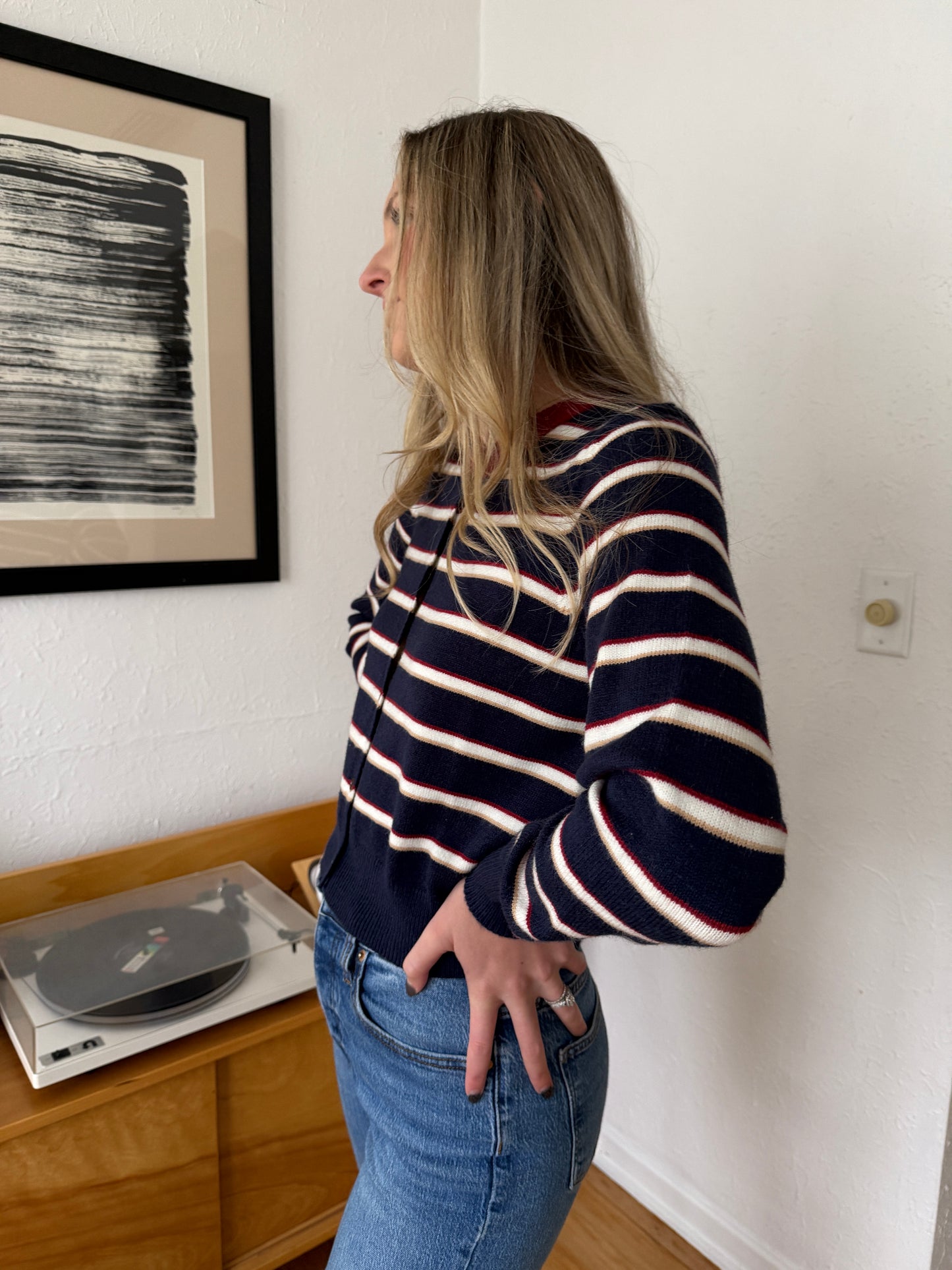 Elle Grey Zara Navy Striped Button Cardigan Sweater