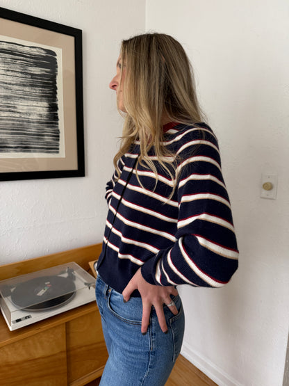 Elle Grey Zara Navy Striped Button Cardigan Sweater