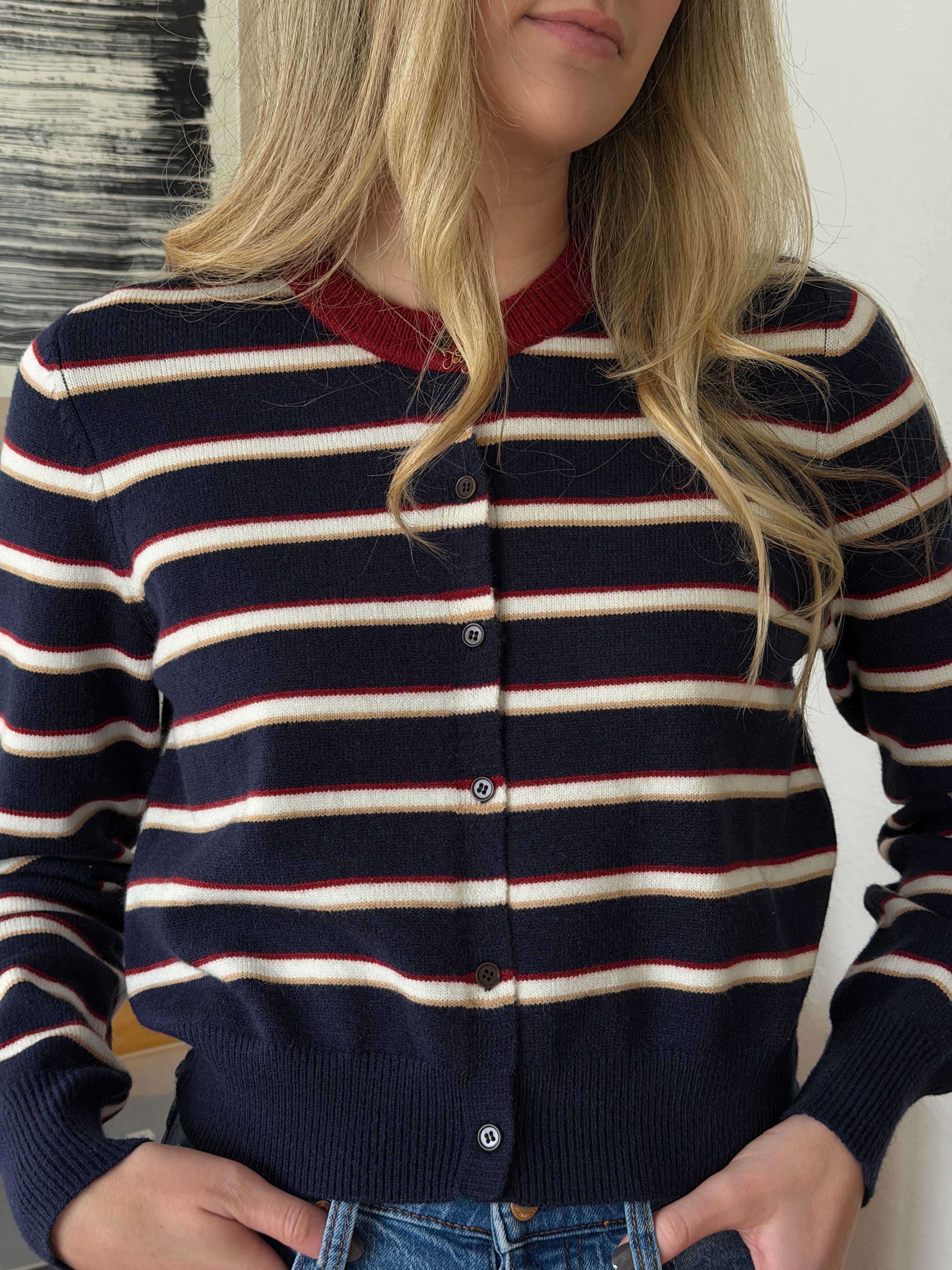 Elle Grey Zara Navy Striped Button Cardigan Sweater