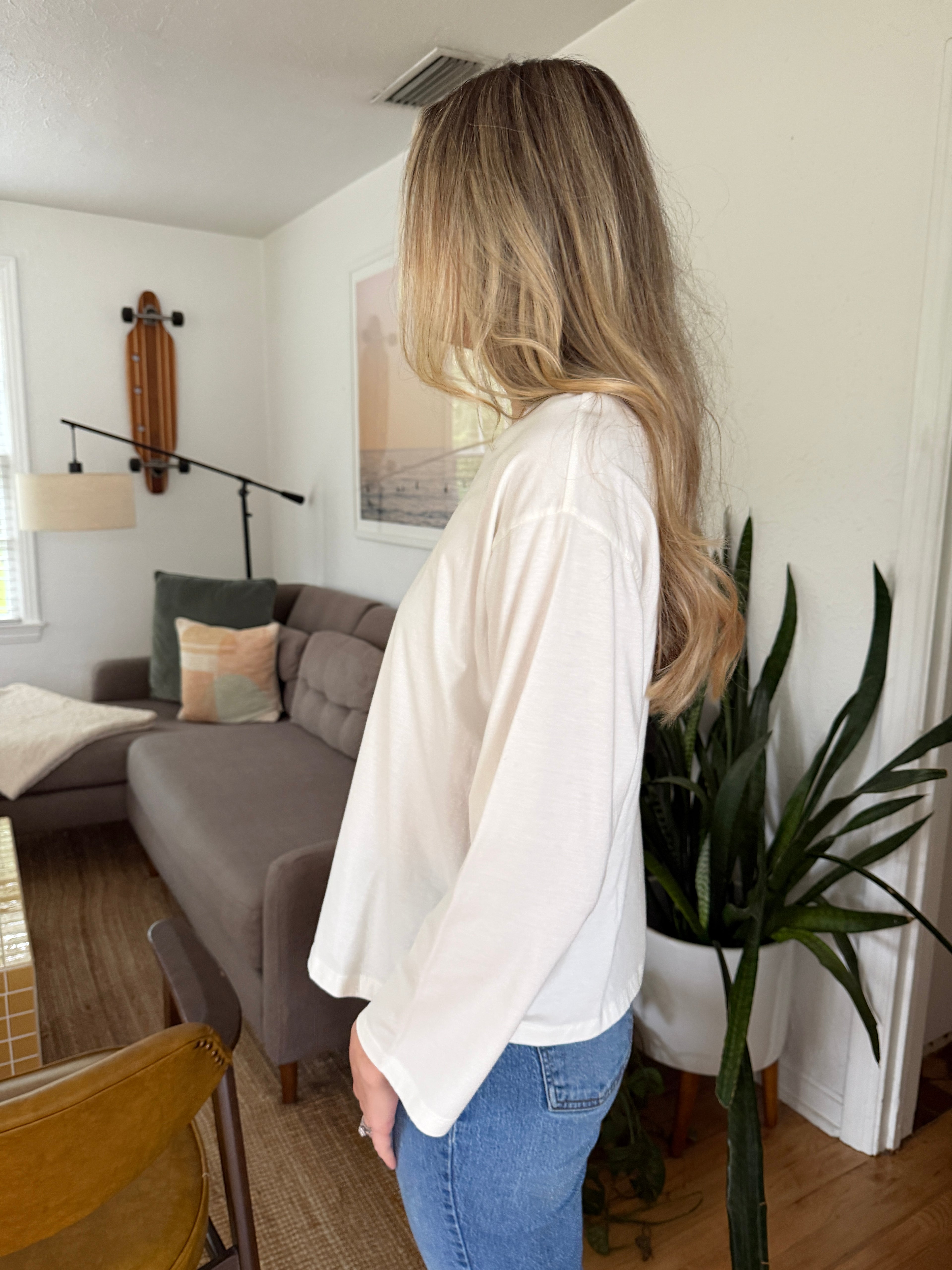 Elle Grey Willow White Relaxed Henley Long Sleeve T-Shirt