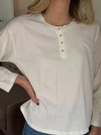 Elle Grey Willow White Relaxed Henley Long Sleeve T-Shirt