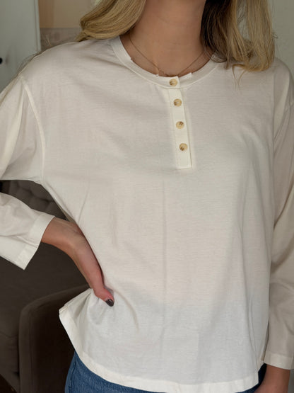 Elle Grey Willow White Relaxed Henley Long Sleeve T-Shirt