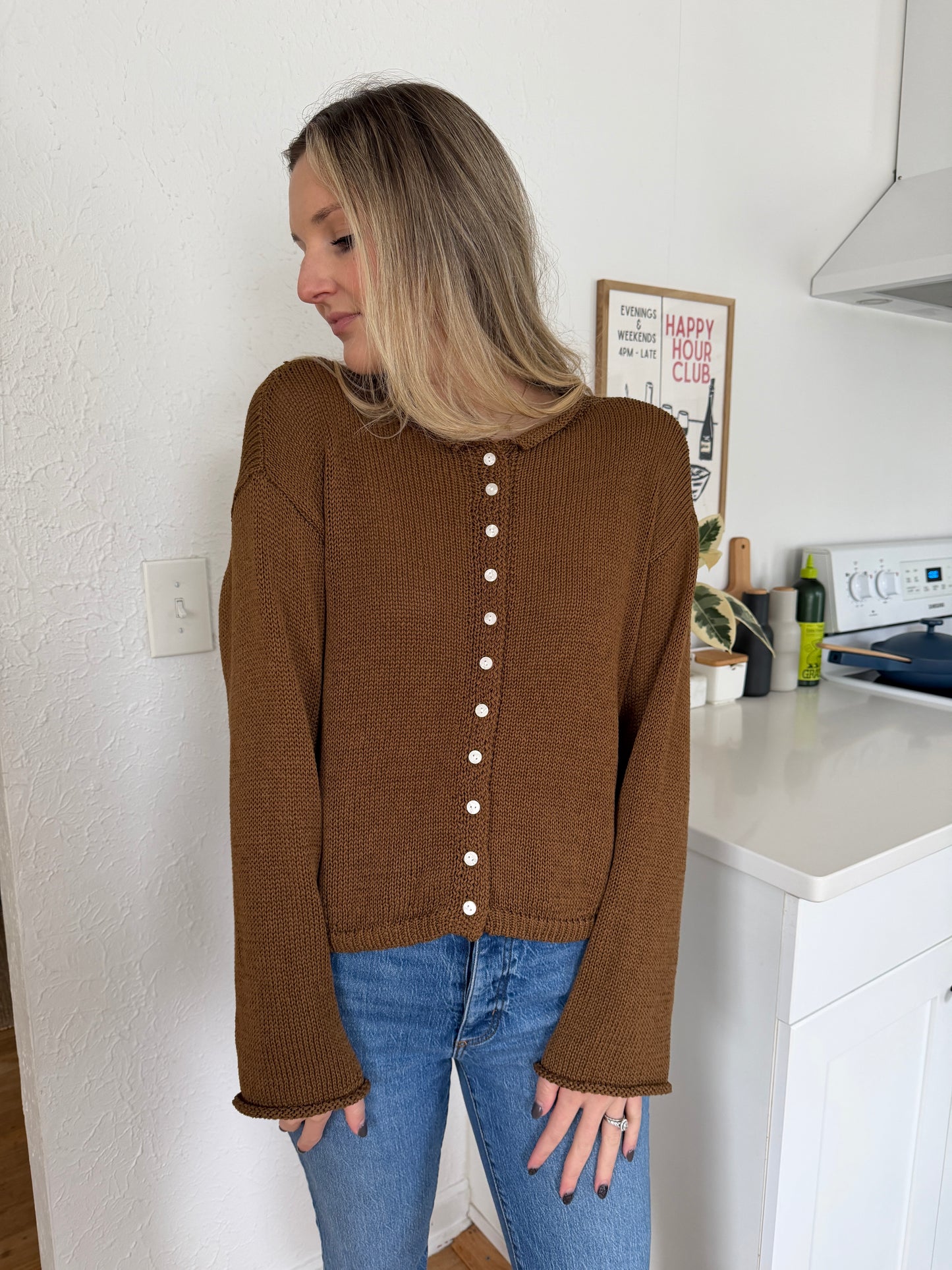 Miou Muse Wyatt Brown Woven Knit Buttoned Cardigan