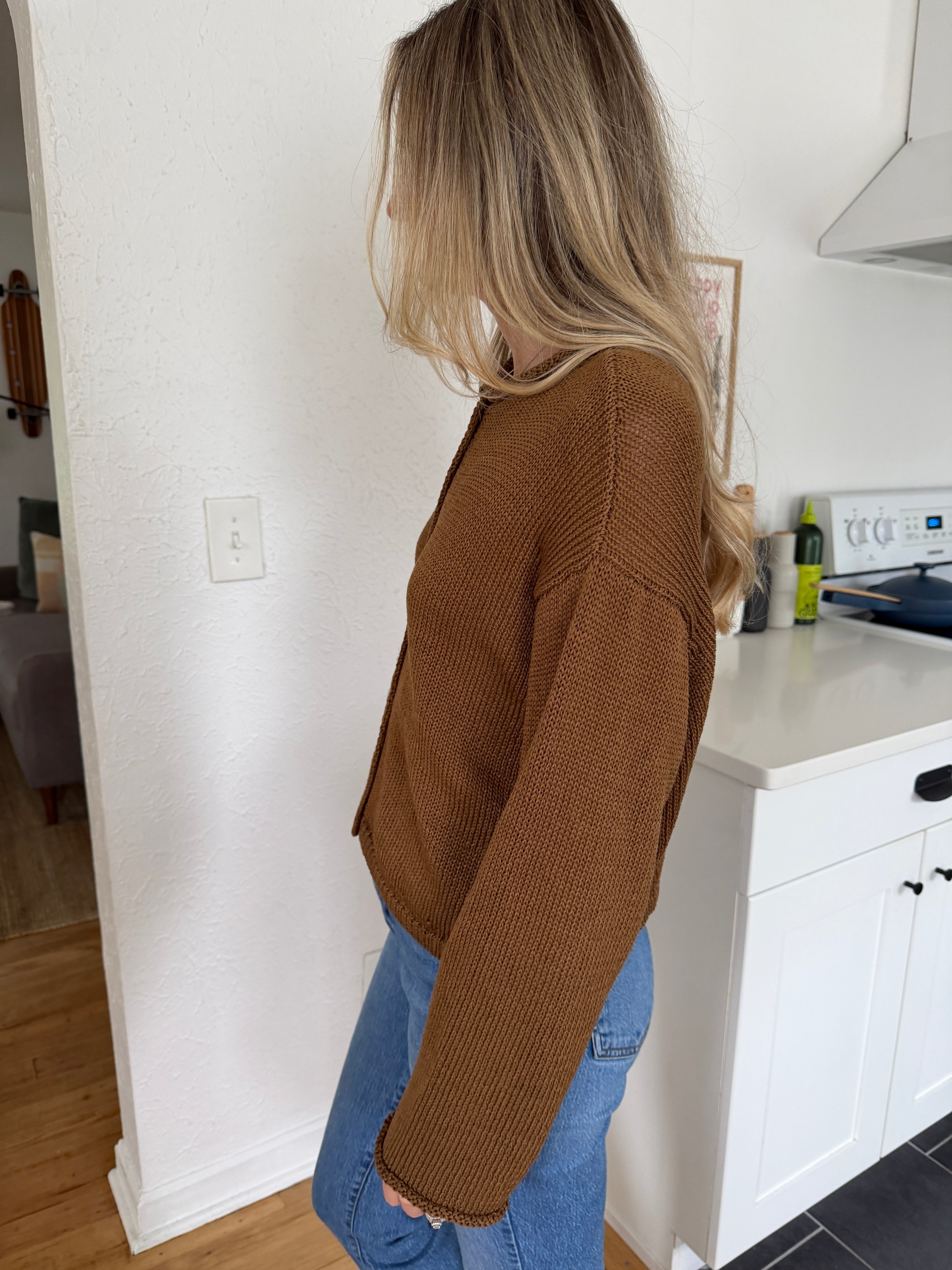 Miou Muse Wyatt Brown Woven Knit Buttoned Cardigan