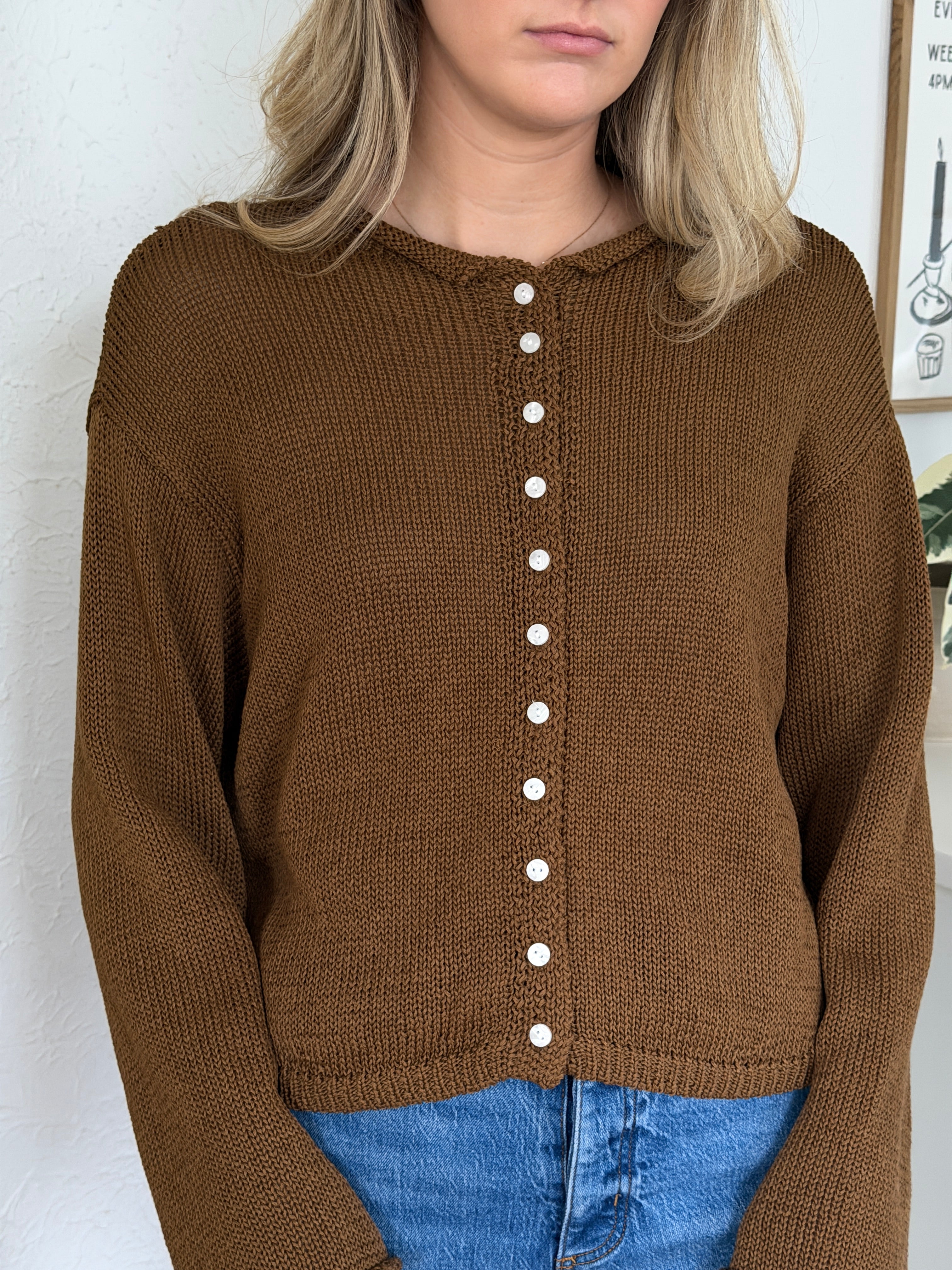 Miou Muse Wyatt Brown Woven Knit Buttoned Cardigan