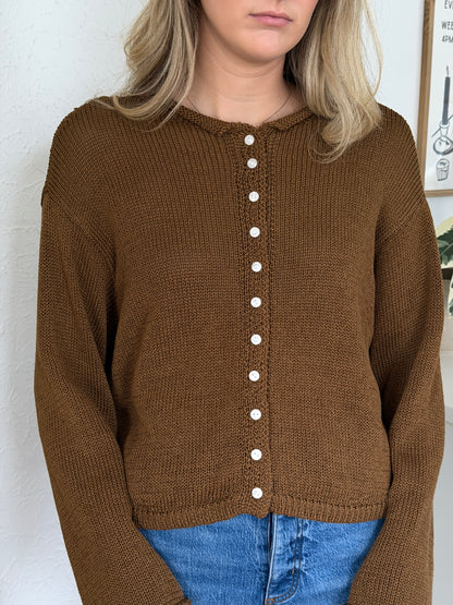 Miou Muse Wyatt Brown Woven Knit Buttoned Cardigan