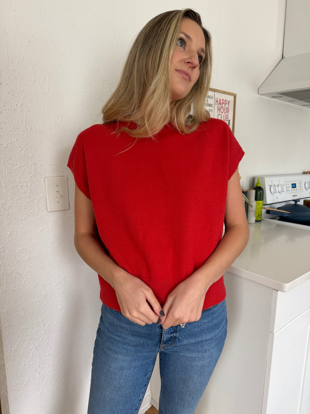 Miou Muse Victoria Short Sleeve Soft Knit Top (Red)