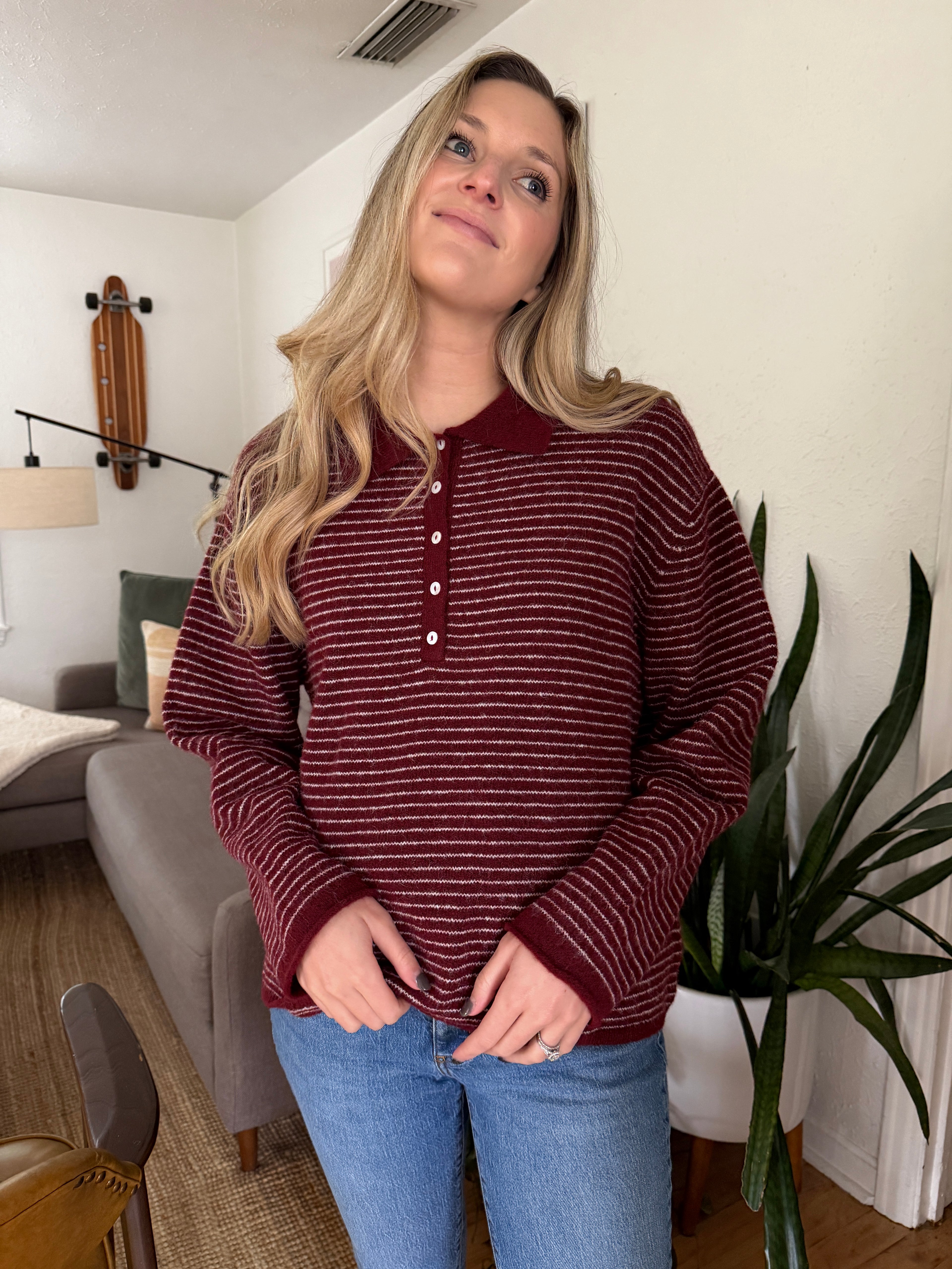 Things Between Valerie Burgundy Polo Rugby Sweater