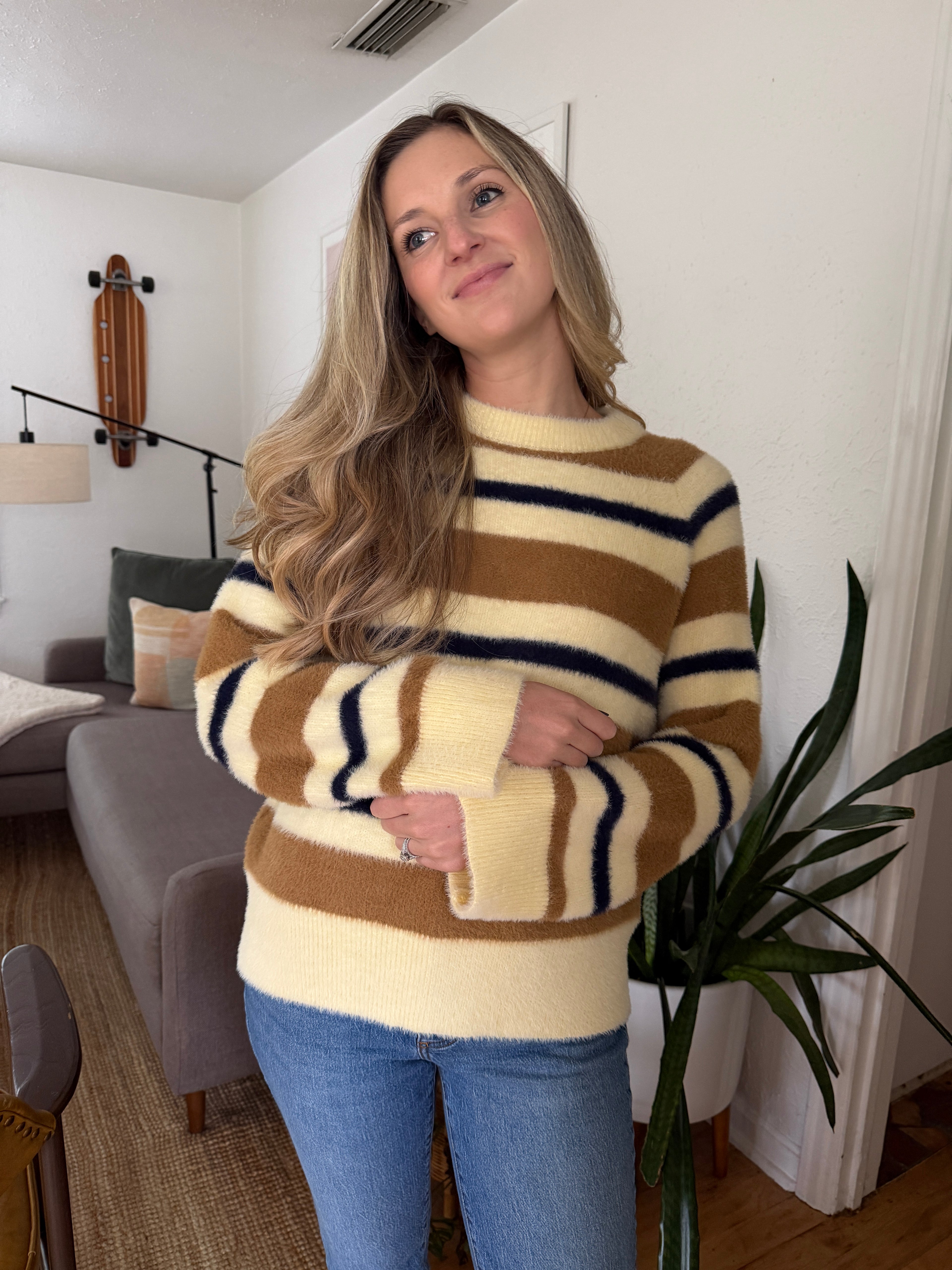 FRNCH Wendy Fuzzy Striped Crewneck Sweater