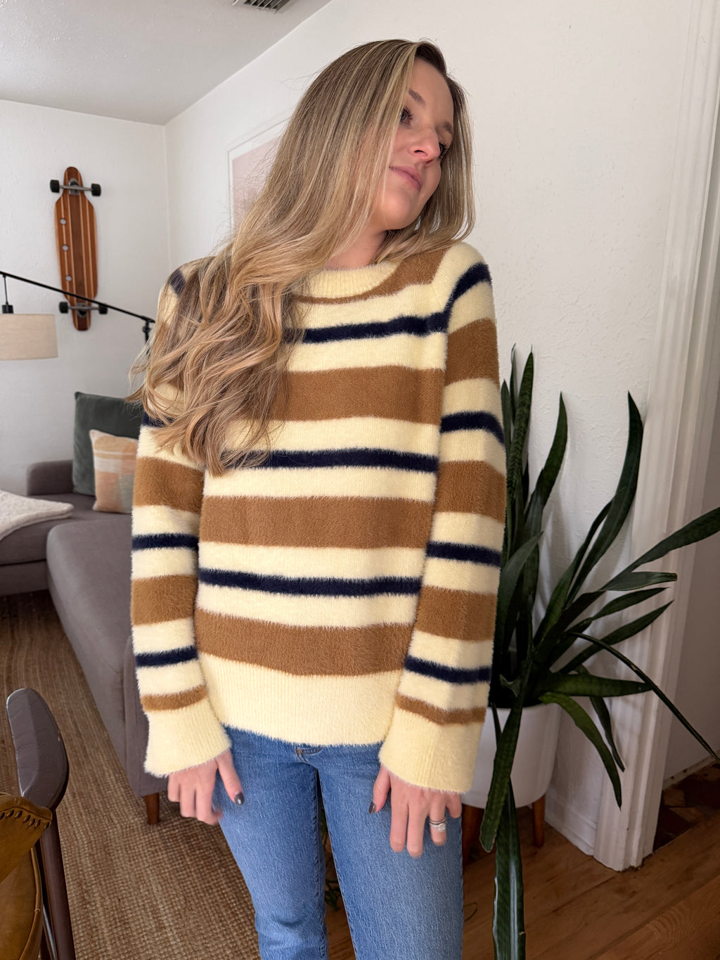 FRNCH Wendy Fuzzy Striped Crewneck Sweater