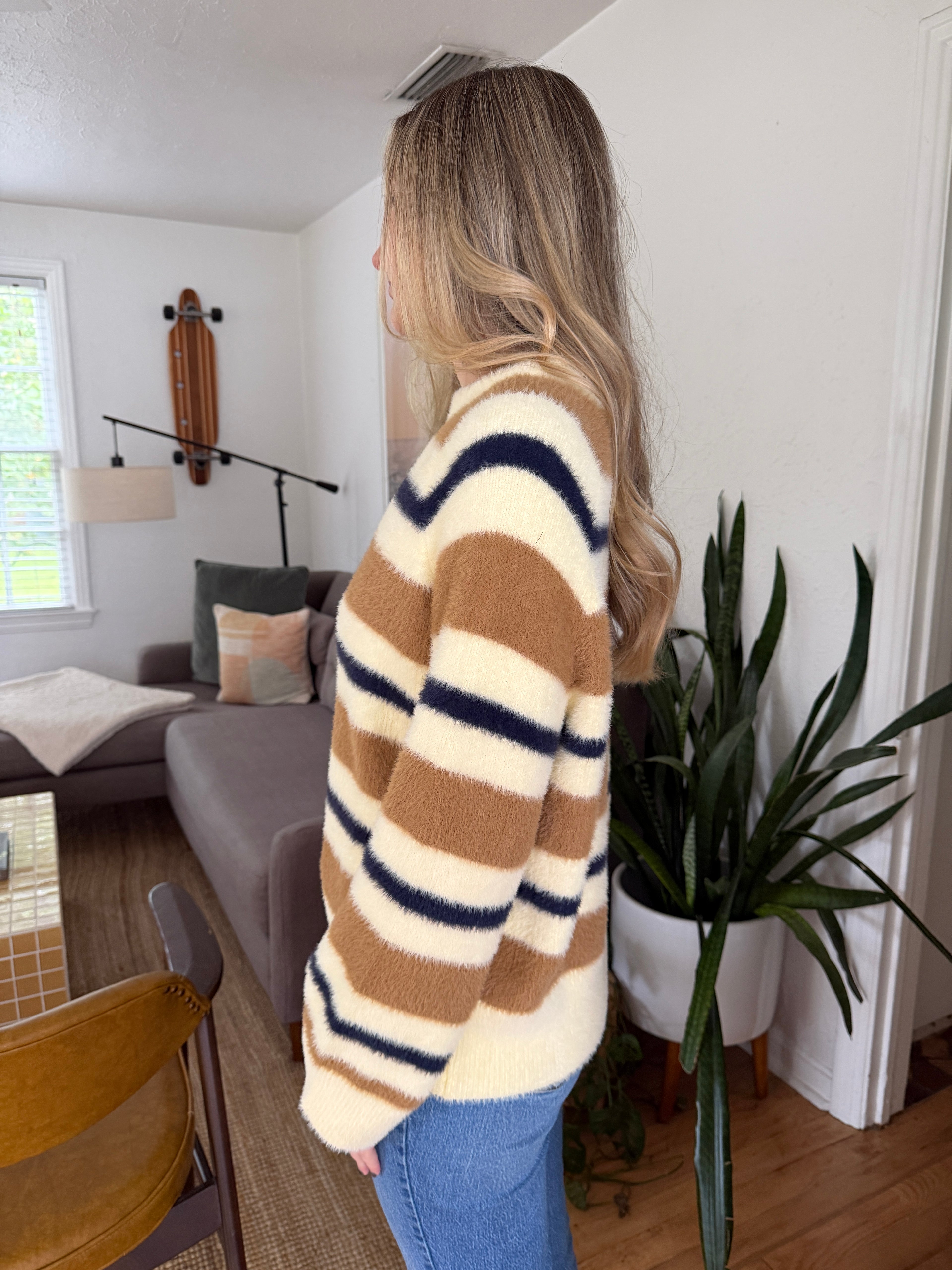 FRNCH Wendy Fuzzy Striped Crewneck Sweater