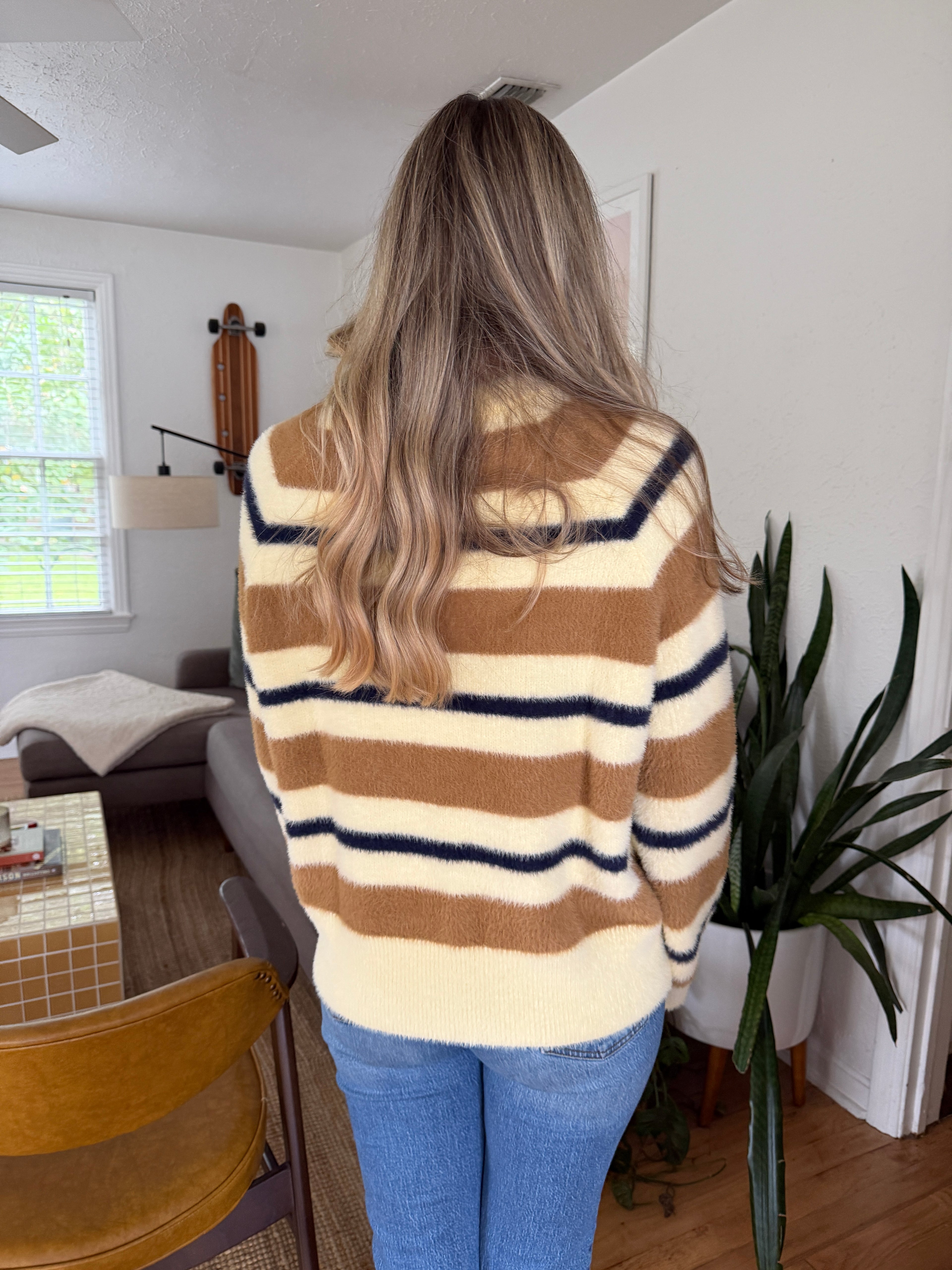 FRNCH Wendy Fuzzy Striped Crewneck Sweater