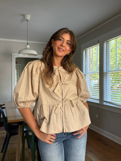 Sofie the Label Cara Cotton Poplin Tie Top (Tan)