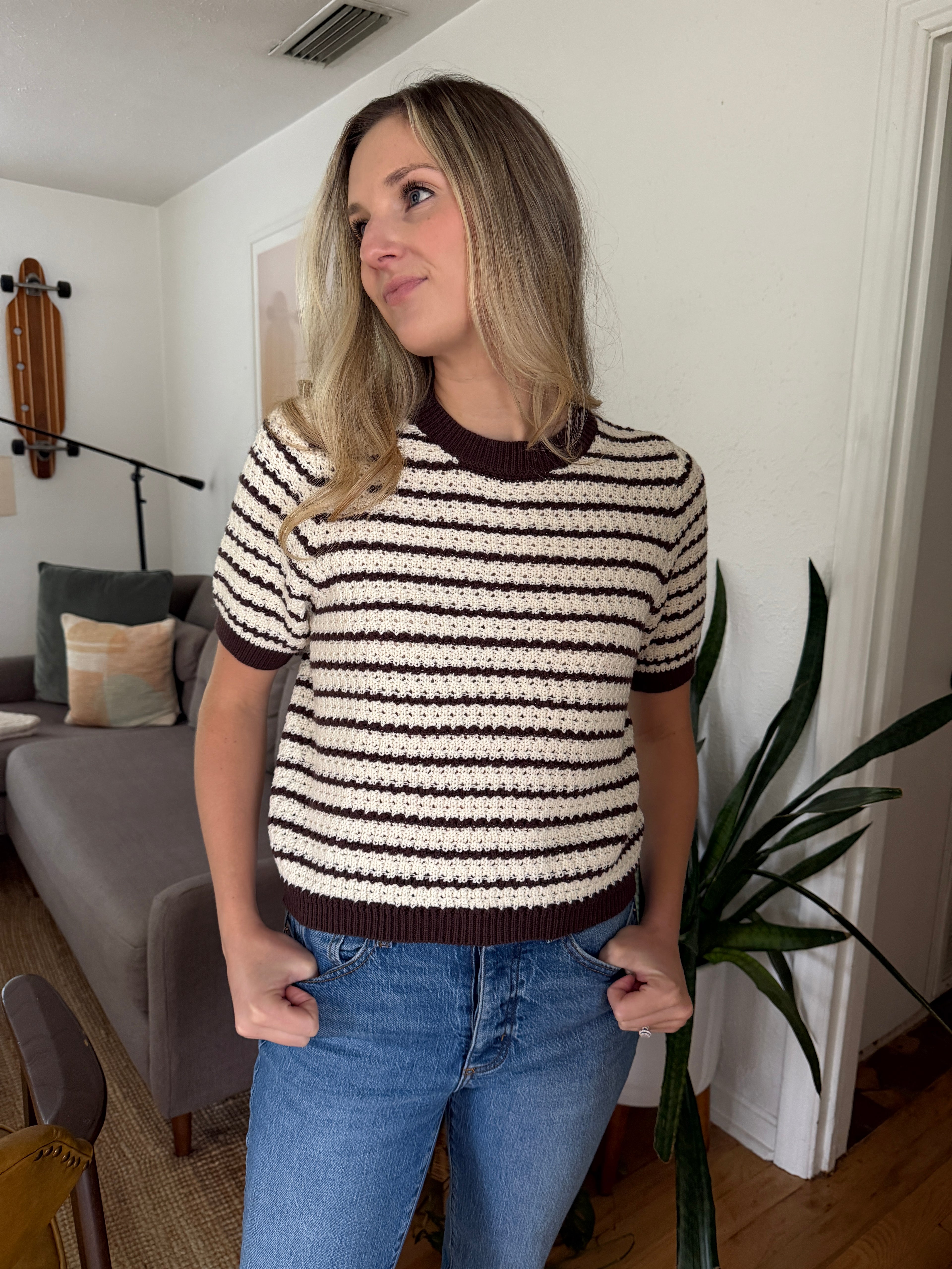 PINCH Winter Brown and Cream Knit Puff Sleeve Top