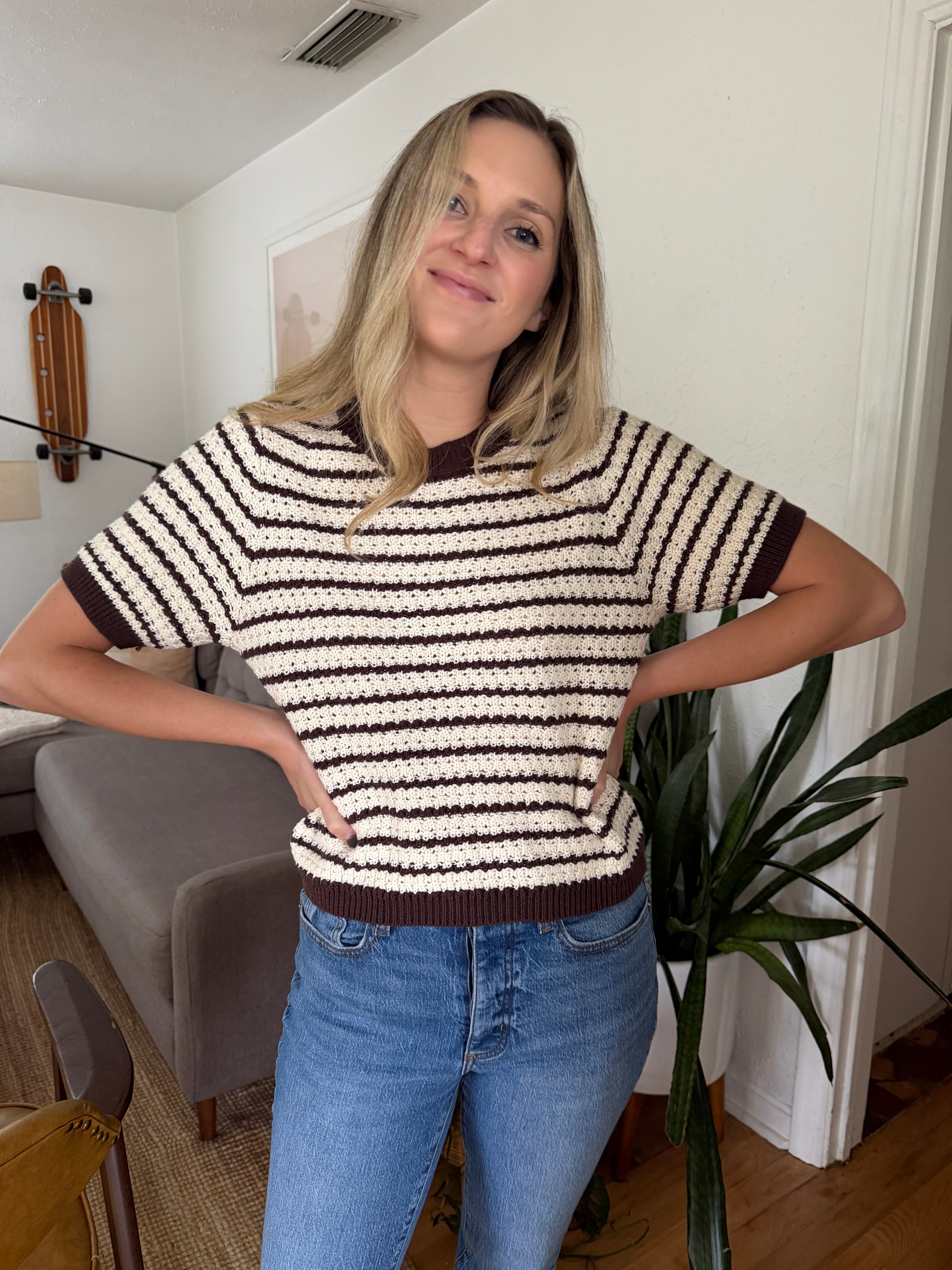 PINCH Winter Brown and Cream Knit Puff Sleeve Top